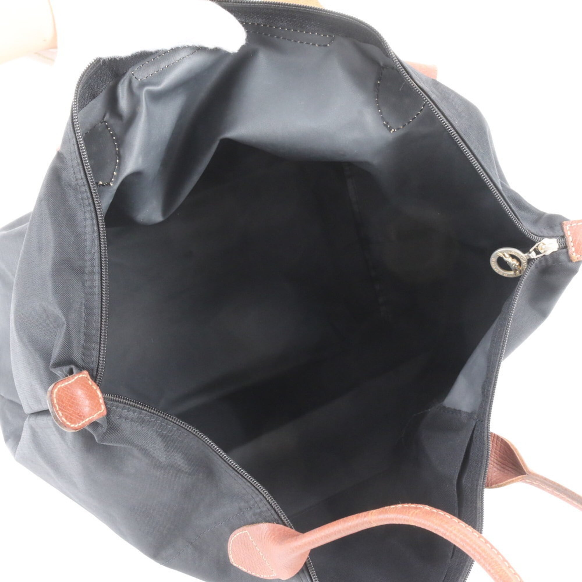 Longchamp Le Pliage Black Leather Nylon Shoulder Bag Tote Bag (Pre-Owned)