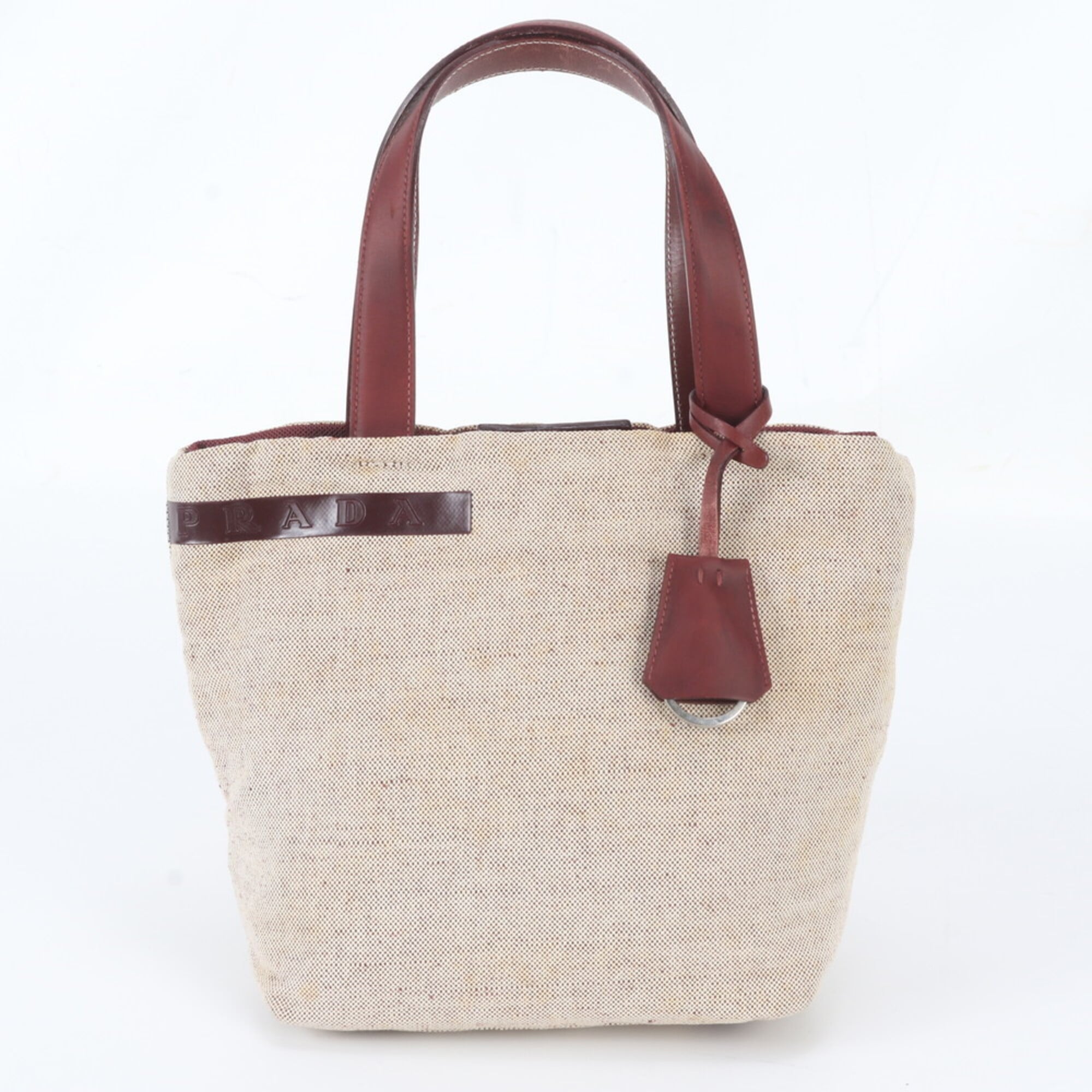 Prada Beige Red Color Wine Leather Canvas Handbag Shoulder Bag Tote Bag (Pre-Owned)