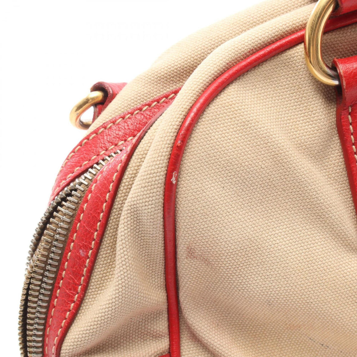 Prada Beige Red Color Canvas Leather Handbag (Pre-Owned)