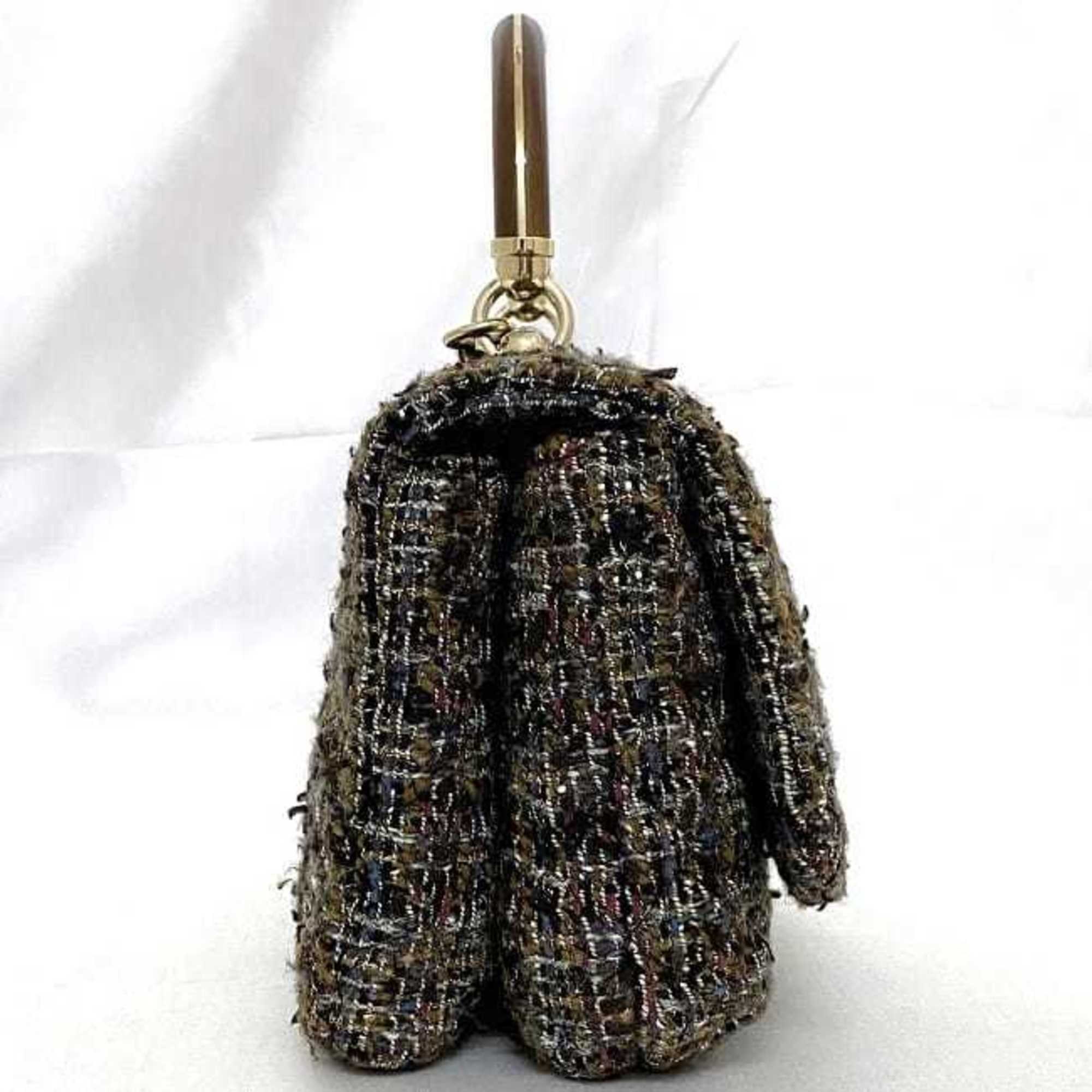 Chanel Brown Gray Tweed Wood Shoulder Bag (Pre-Owned)