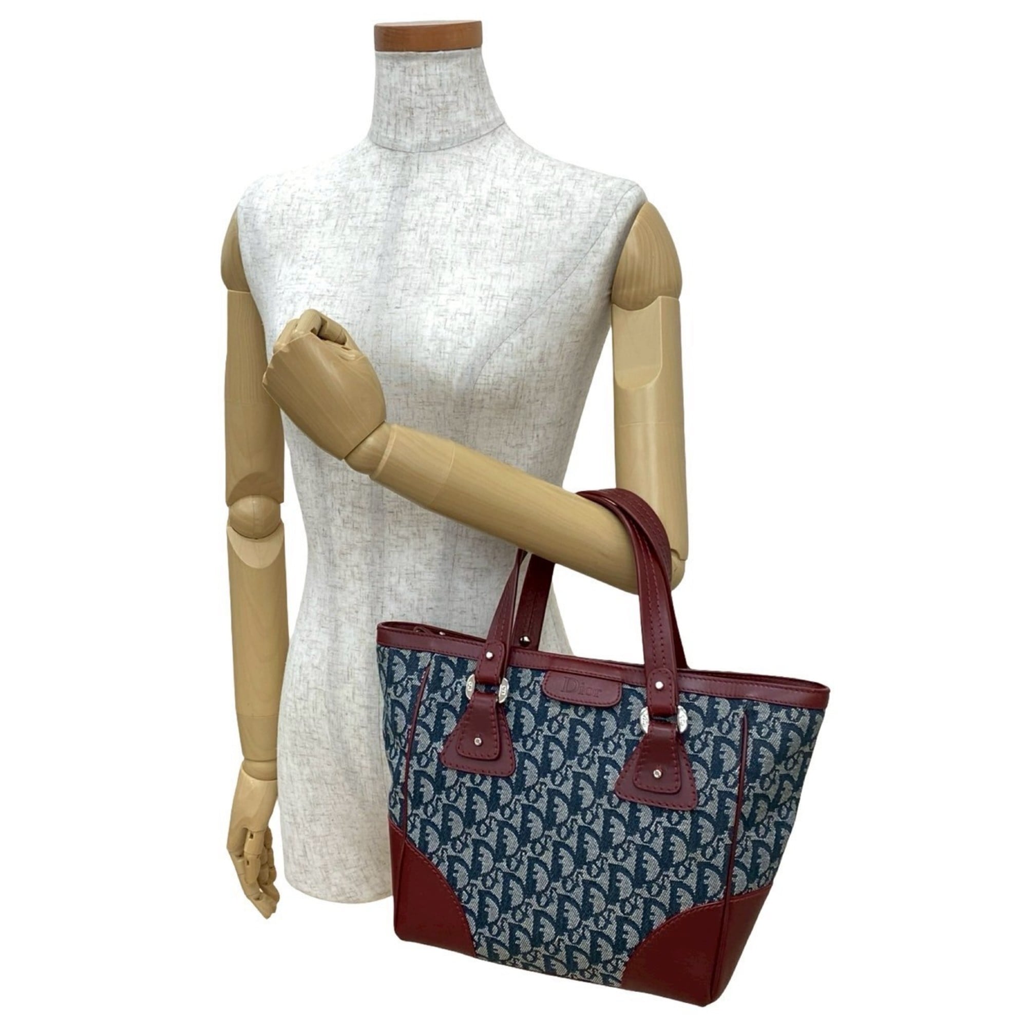 Christian Dior Navy Wine Canvas Leather Handbag Tote Bag (Pre-Owned)