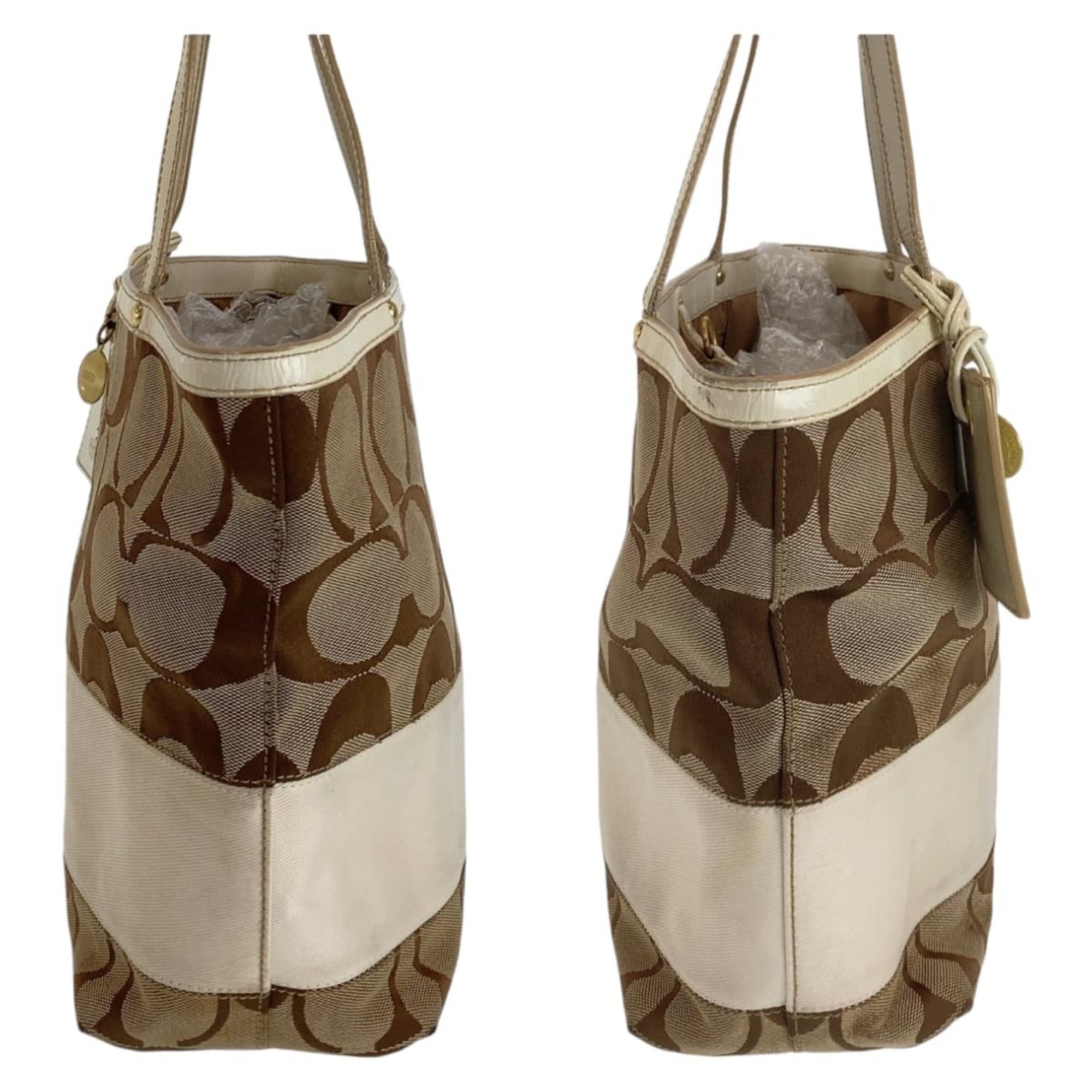 Coach Beige Brown White Canvas Leather Shoulder Bag Tote Bag (Pre-Owned)