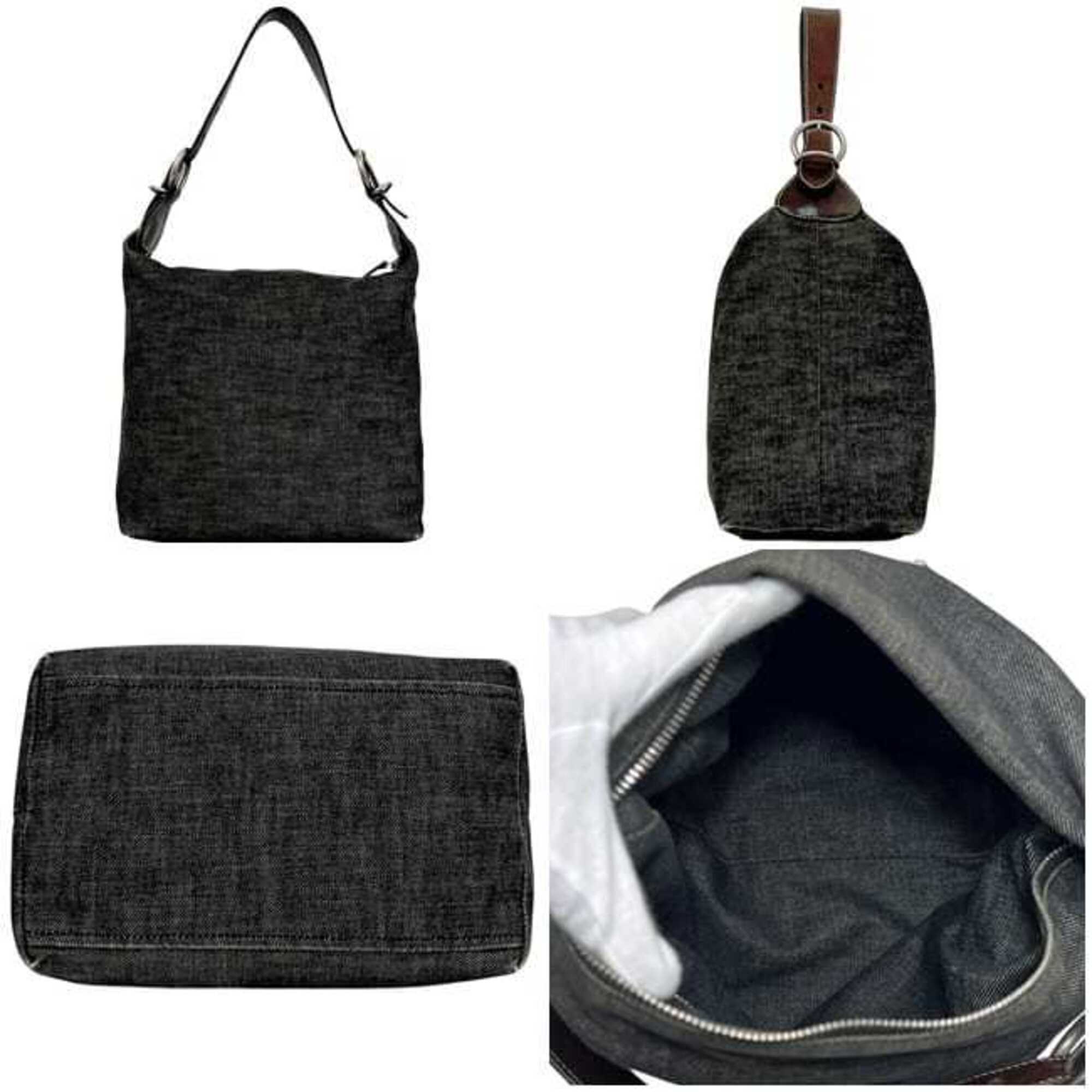 Prada Black Gray Denim Leather Shoulder Bag (Pre-Owned)