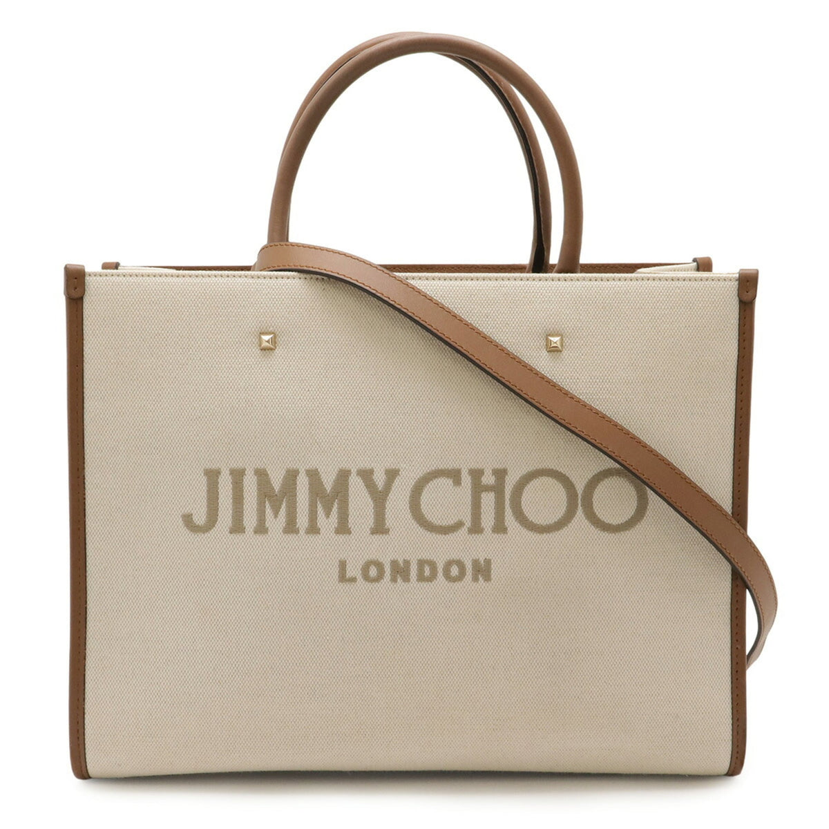 Jimmy Choo Beige Brown Canvas Leather Shoulder Bag Tote Bag (Pre-Owned)