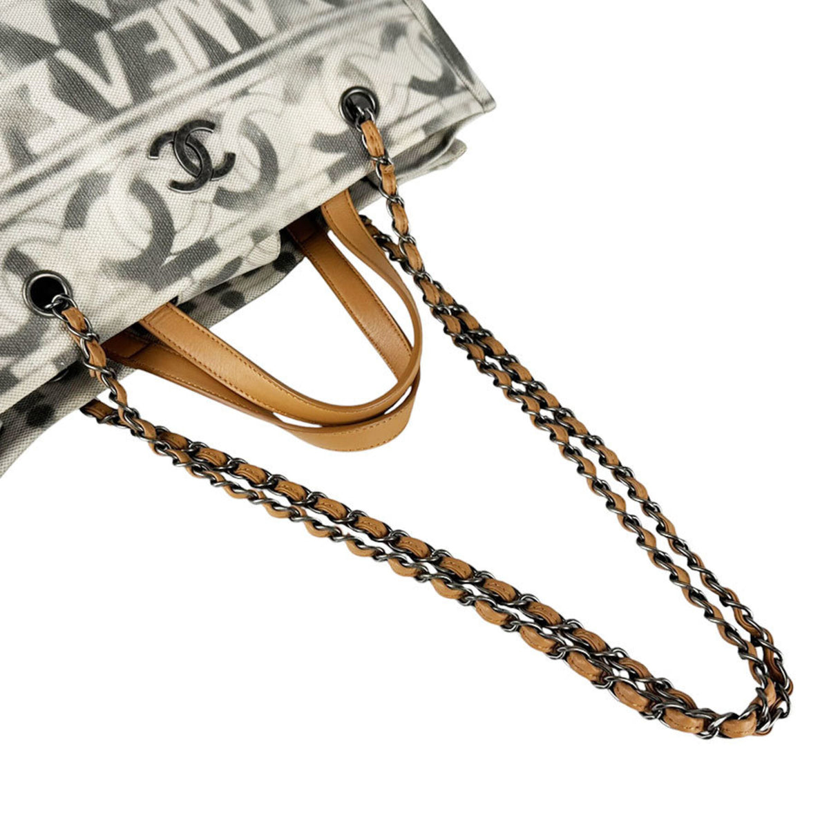 Chanel Brown Gray Ivory Canvas Leather Handbag Shoulder Bag (Pre-Owned)