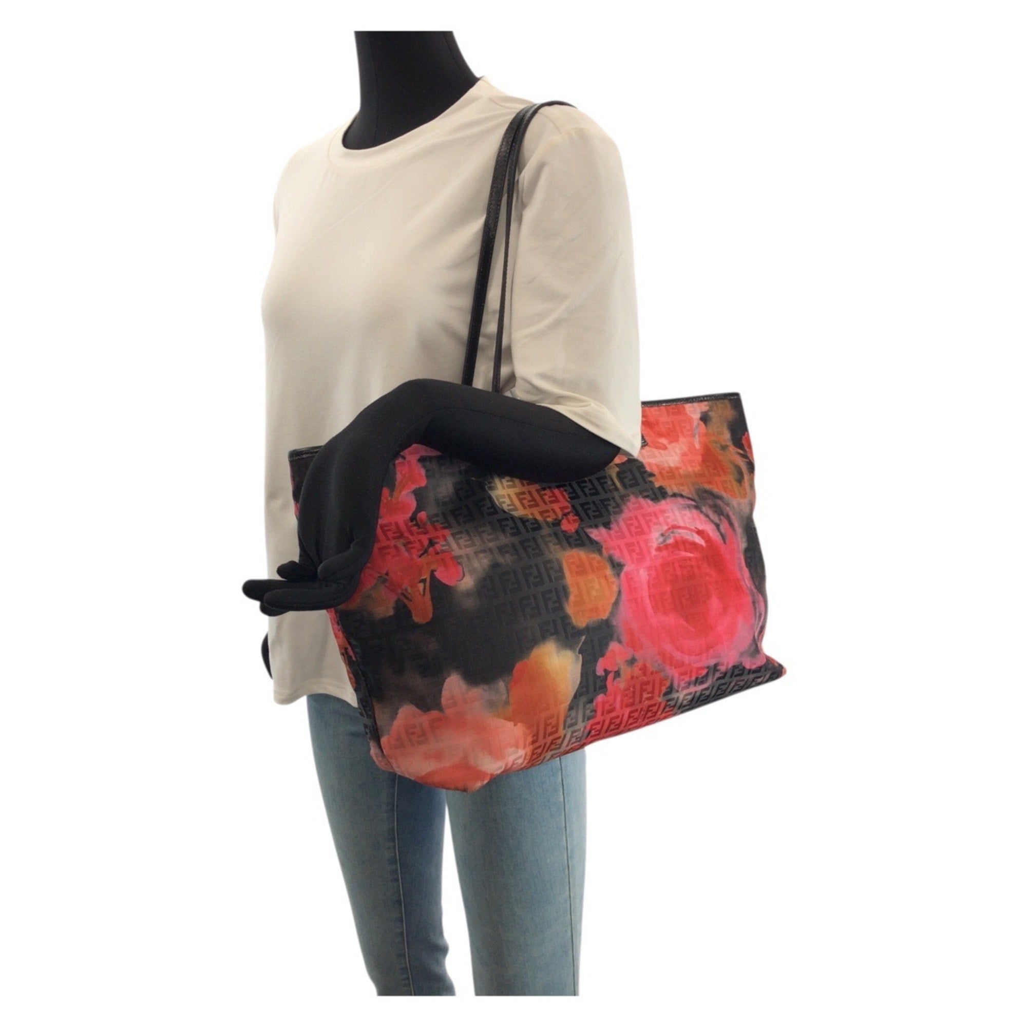 Fendi Black Orange Pink Nylon Leather Shoulder Bag Tote Bag (Pre-Owned)