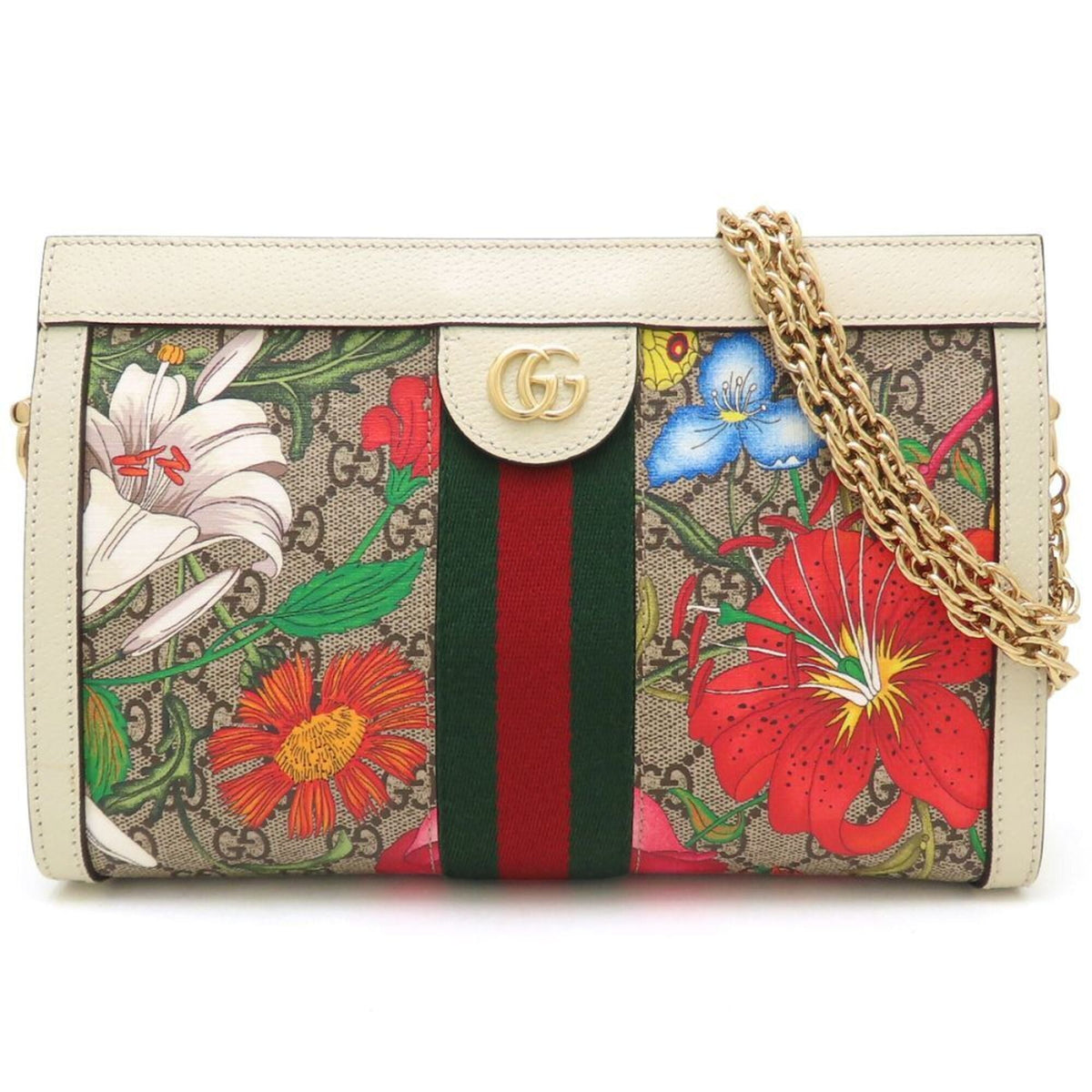 Gucci Flora Beige Multi-Color White Gg Supreme Canvas Leather Shoulder Bag (Pre-Owned)