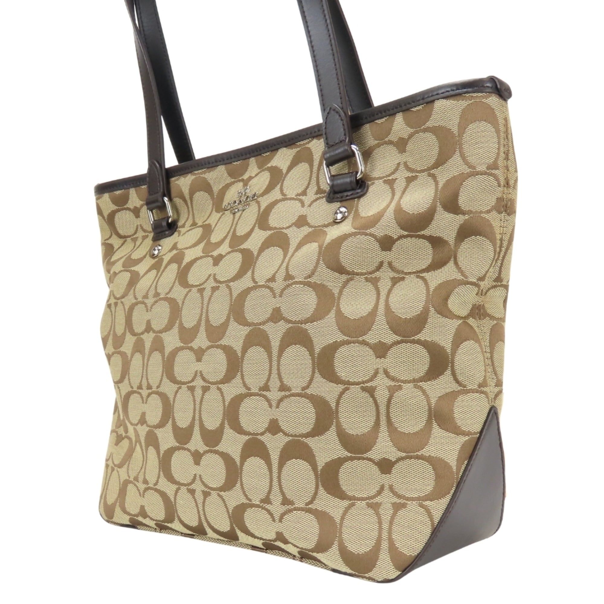 Coach Signature Beige Dark Brown Canvas Leather Tote Bag (Pre-Owned)