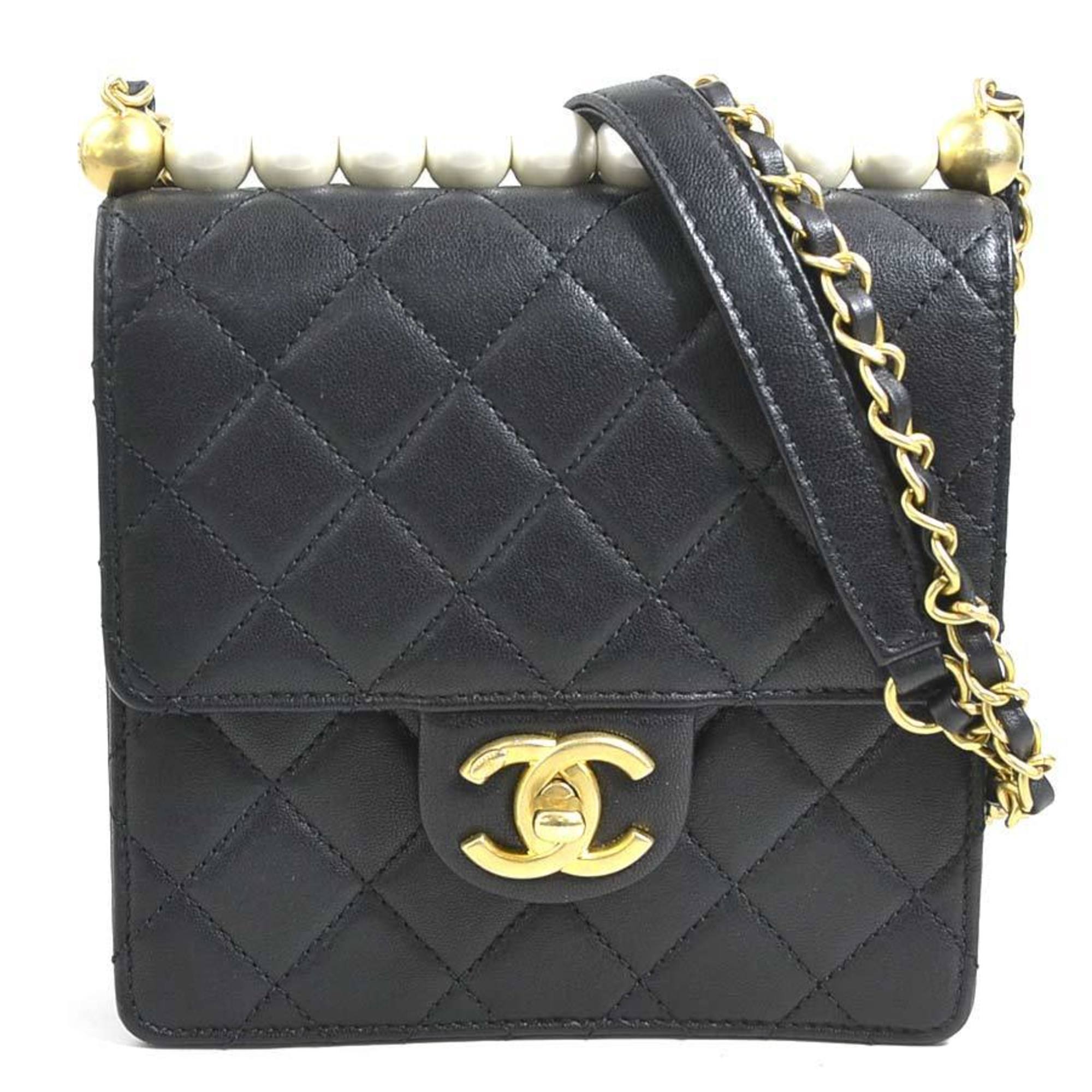 Chanel Black Off-White Leather Artificial Pearl Shoulder Bag (Pre-Owned)
