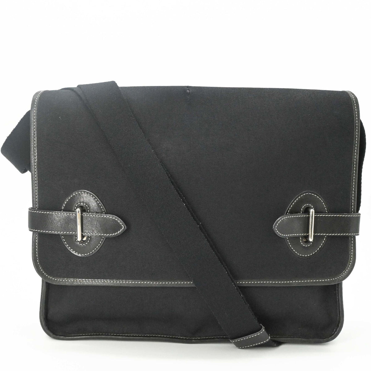 Hermes Buenaventura Black Toile H Leather Messenger Bag Shoulder Bag (Pre-Owned)