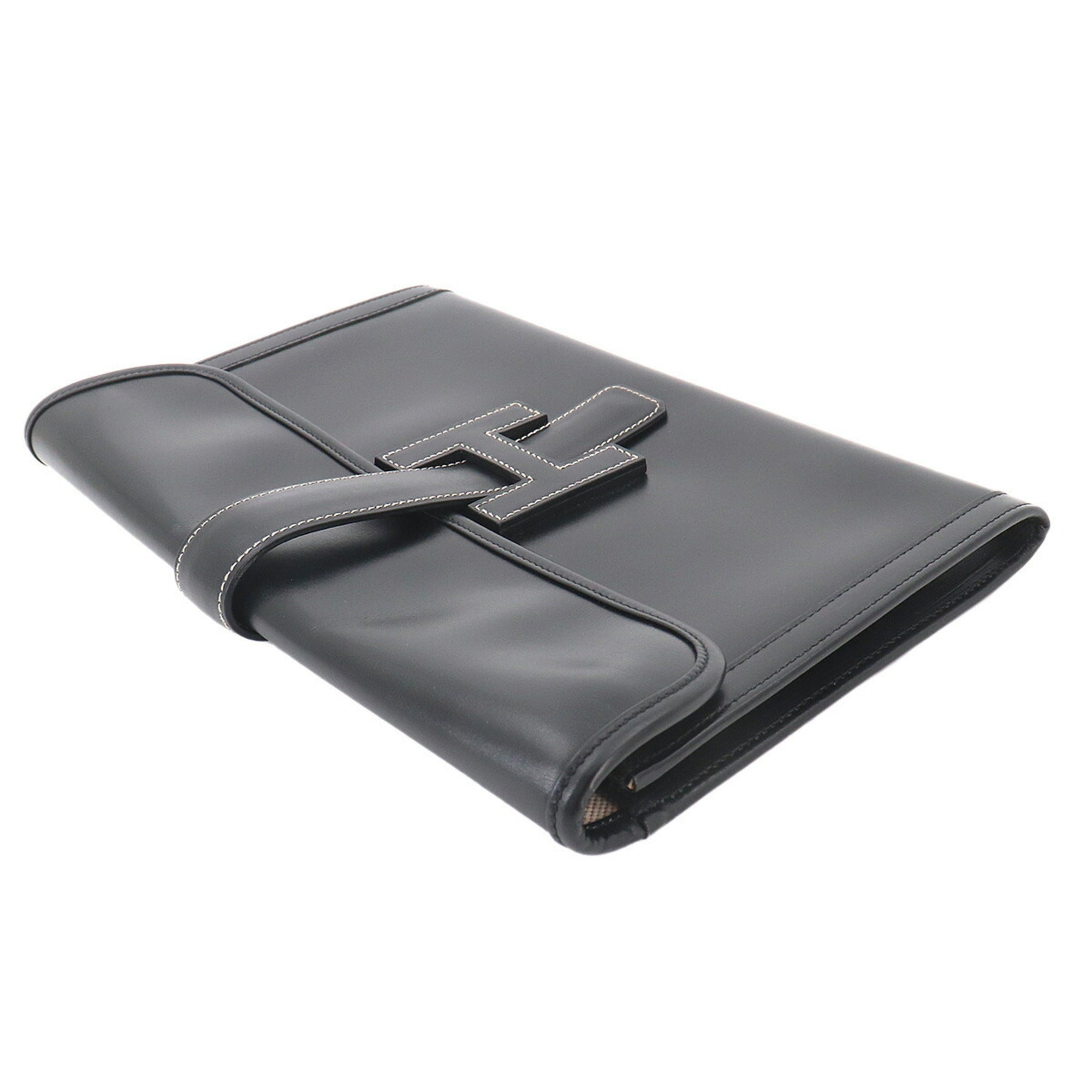 Hermes Jige Black Box Calf Leather Clutch Bag Handbag (Pre-Owned)