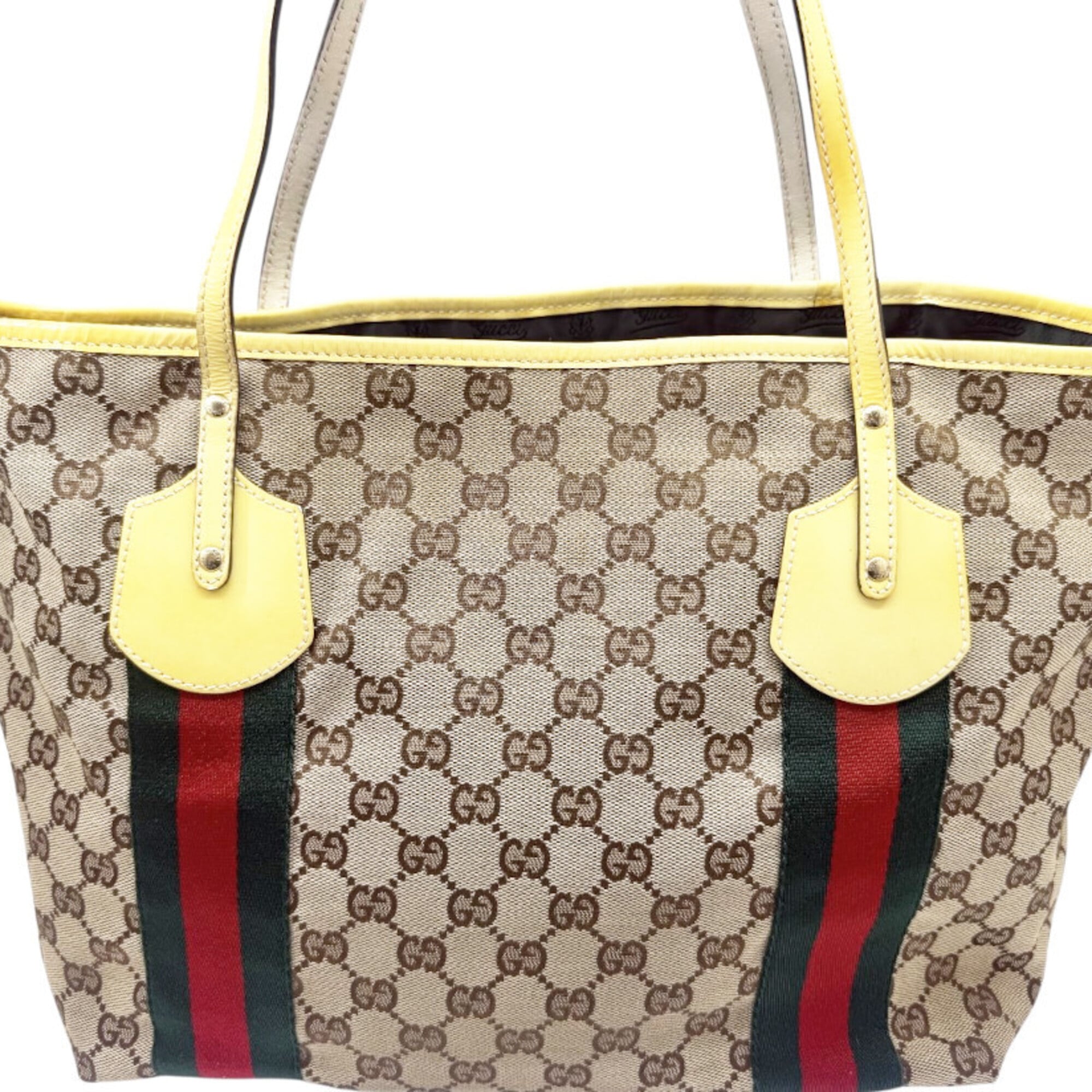 Gucci Beige Yellow Gg Canvas Patent Leather Tote Bag (Pre-Owned)