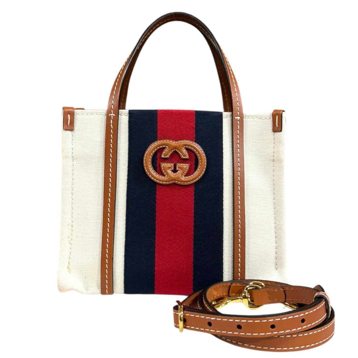 Gucci Navy Red Color White Canvas Shoulder Bag (Pre-Owned)