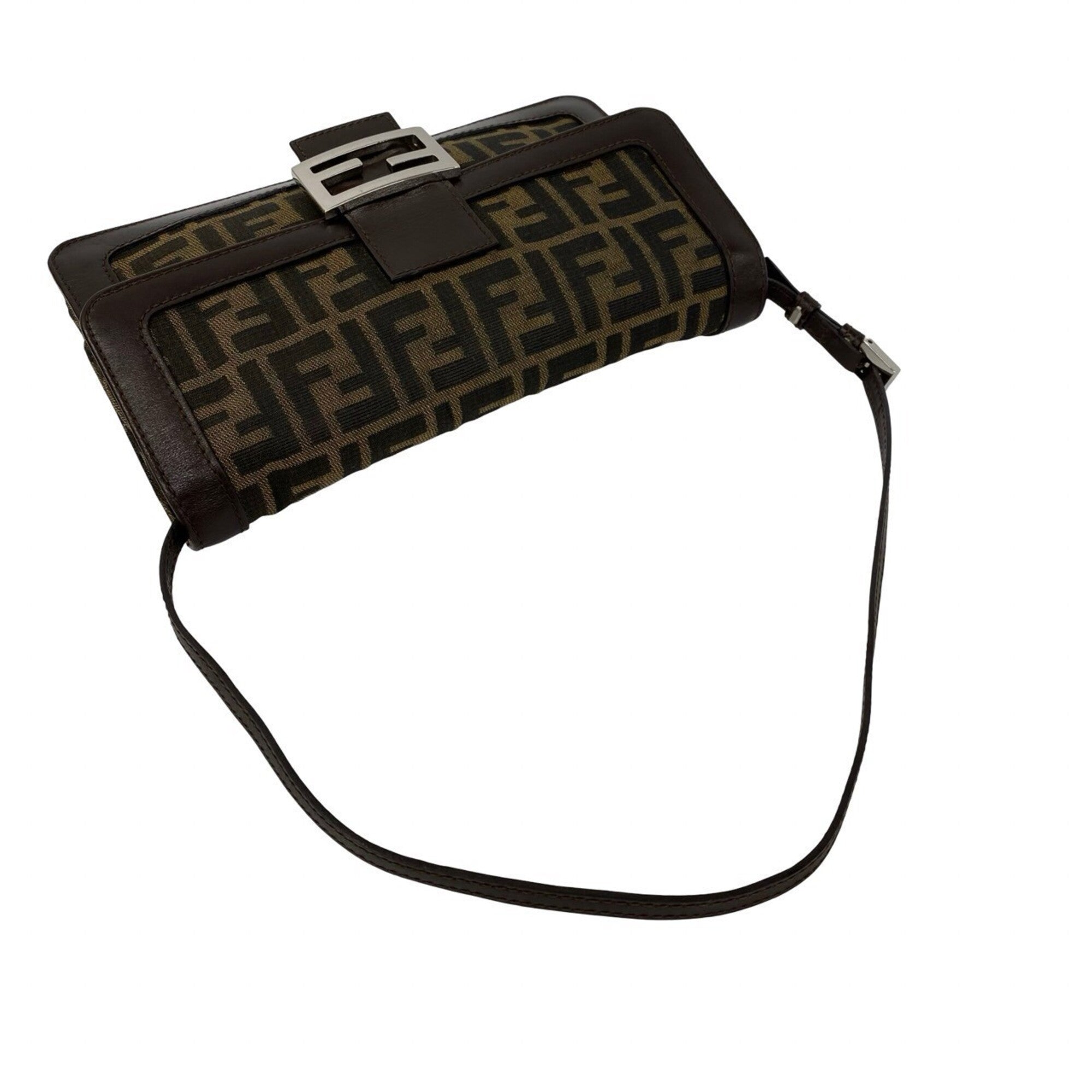Fendi Black Brown Leather Canvas Shoulder Bag (Pre-Owned)