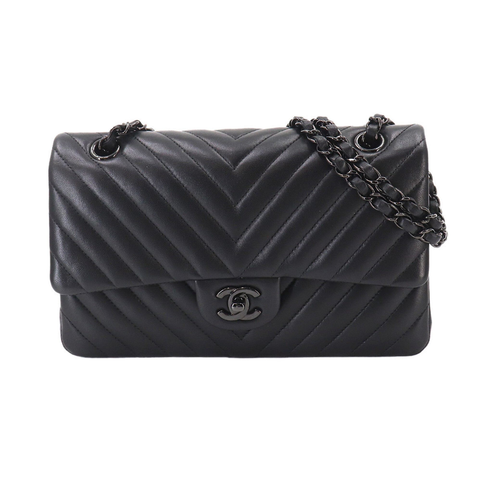 Chanel Chevron (V Stitch) Black Leather Handbag Shoulder Bag (Pre-Owned)