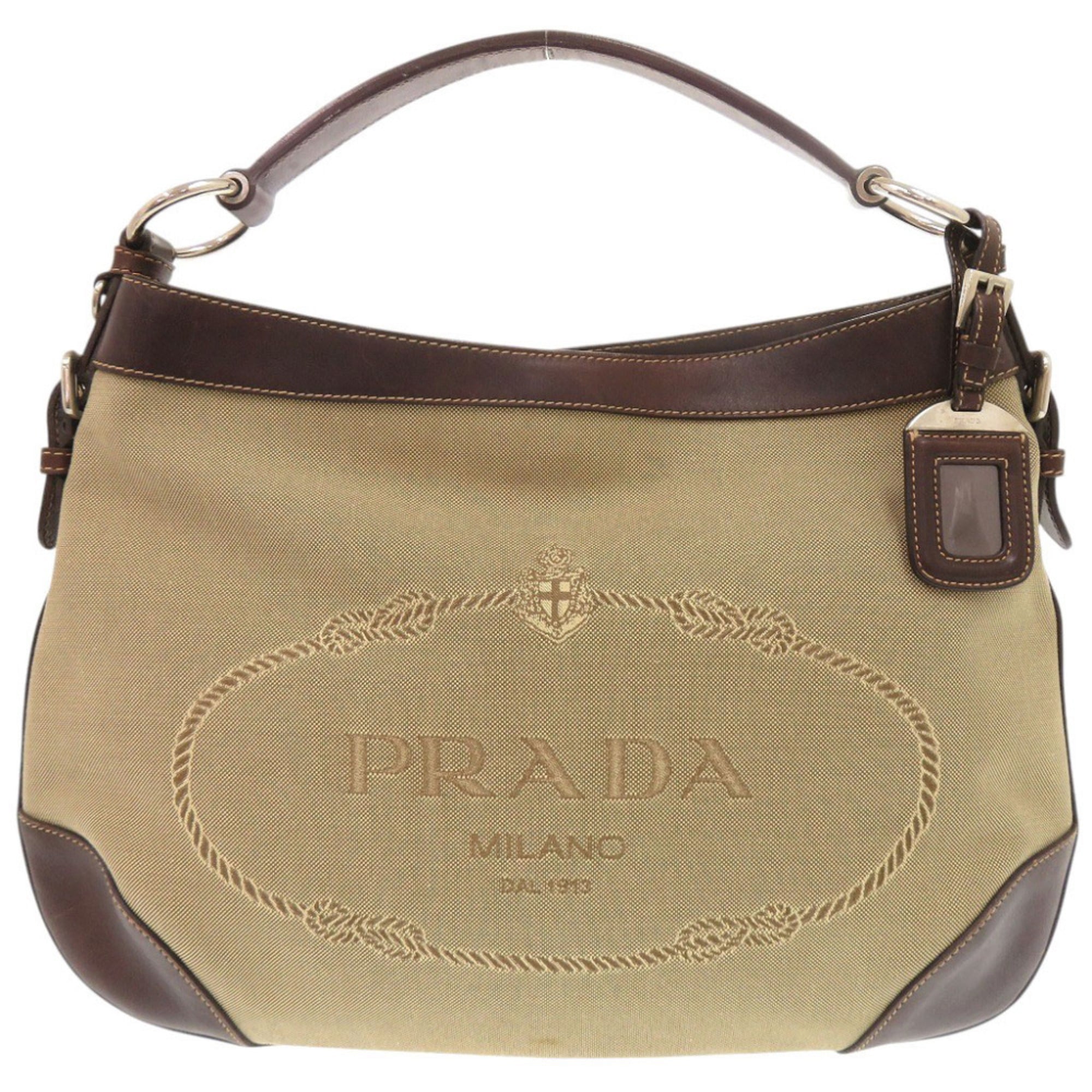 Prada Beige Brown Canvas Leather Shoulder Bag (Pre-Owned)