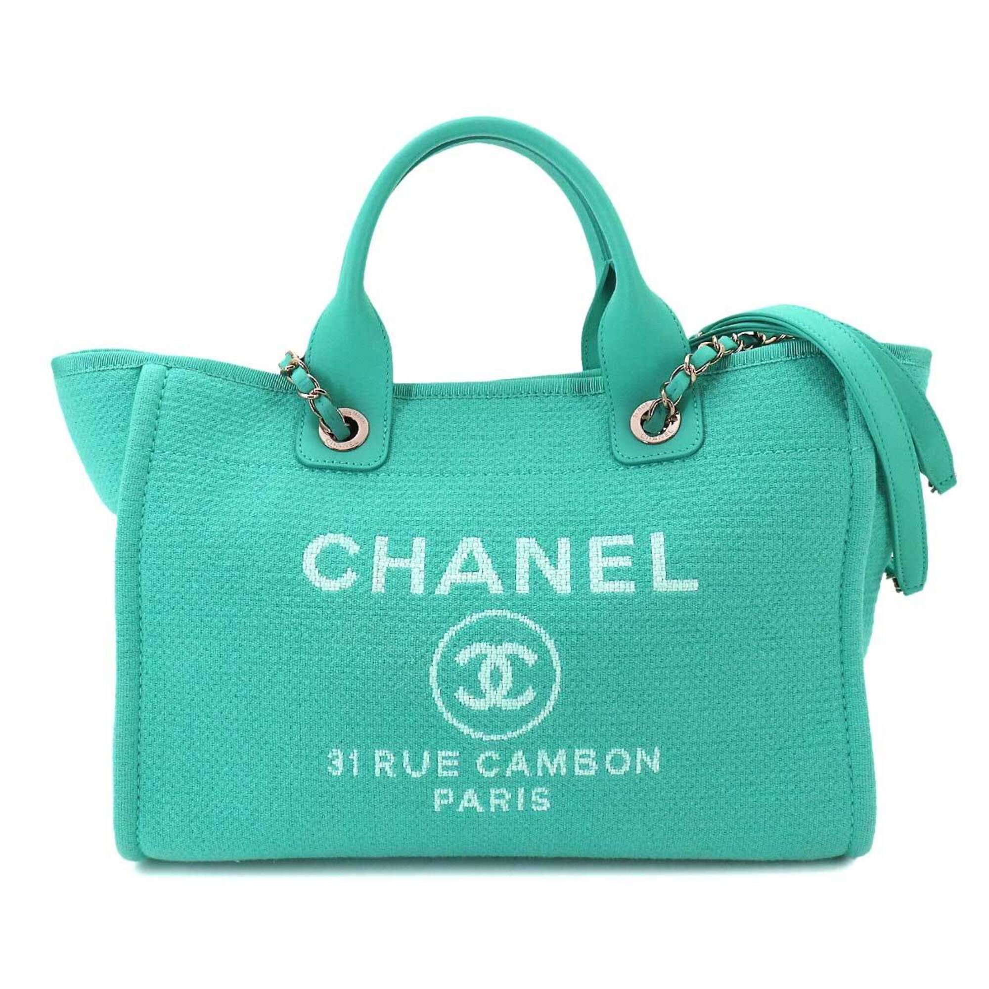 Chanel Blue Turquoise Canvas Leather Shopping Bag Shoulder Bag Tote Bag (Pre-Owned)