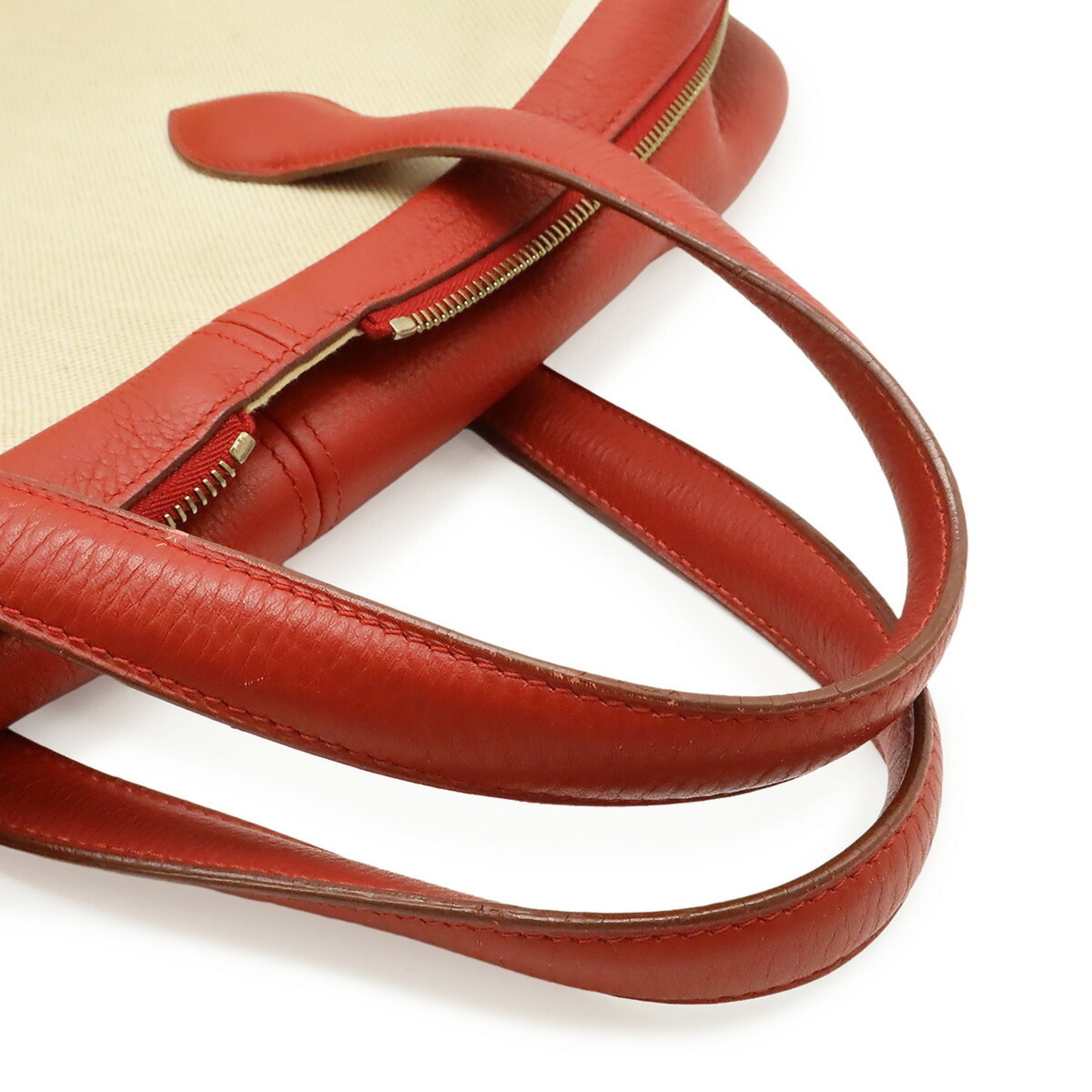 Hermes Natural Red Color Toile H Taurillon Clemence Leather Boston Bag (Pre-Owned)