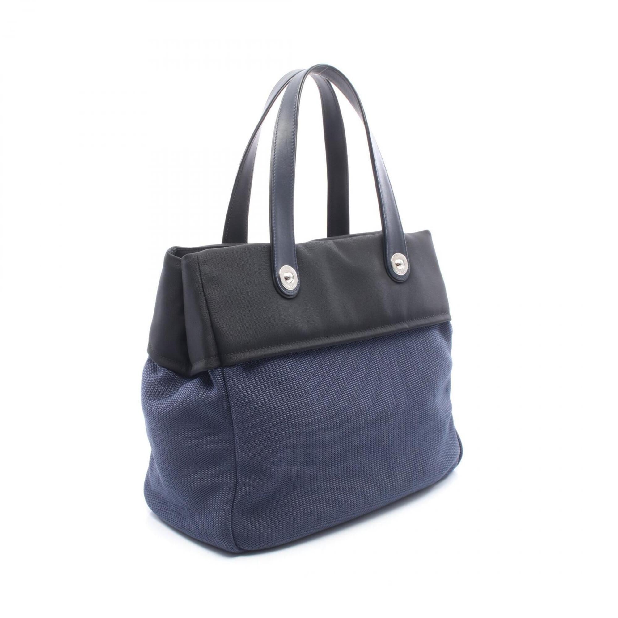 Chanel Black Navy Nylon Leather Handbag Tote Bag (Pre-Owned)