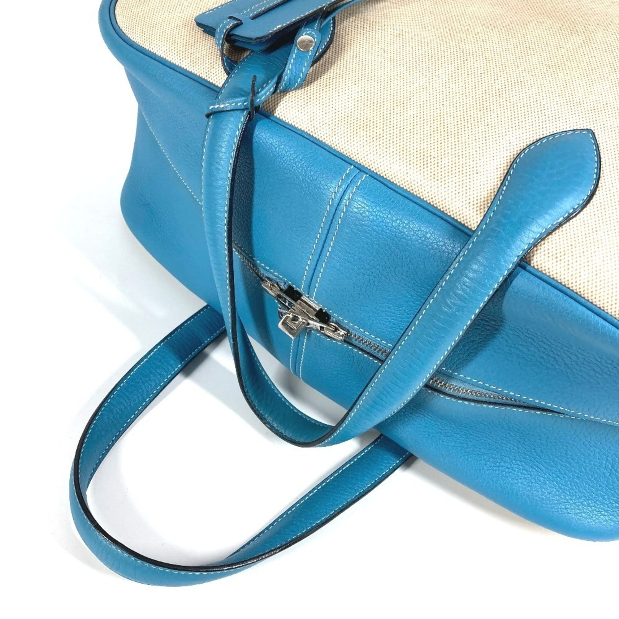 Hermes Beige Blue Toile H Leather Boston Bag Shoulder Bag (Pre-Owned)