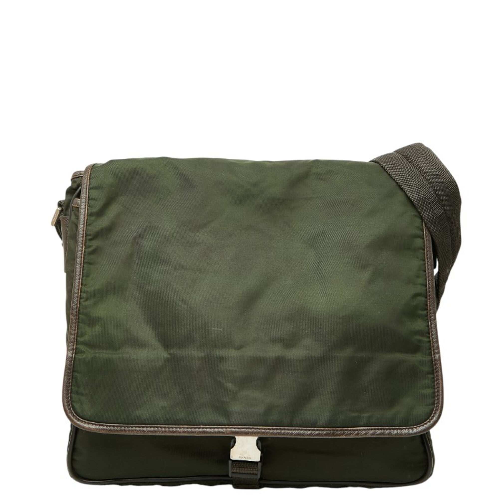 Prada Brown Green Khaki Nylon Leather Messenger Bag Shoulder Bag (Pre-Owned)