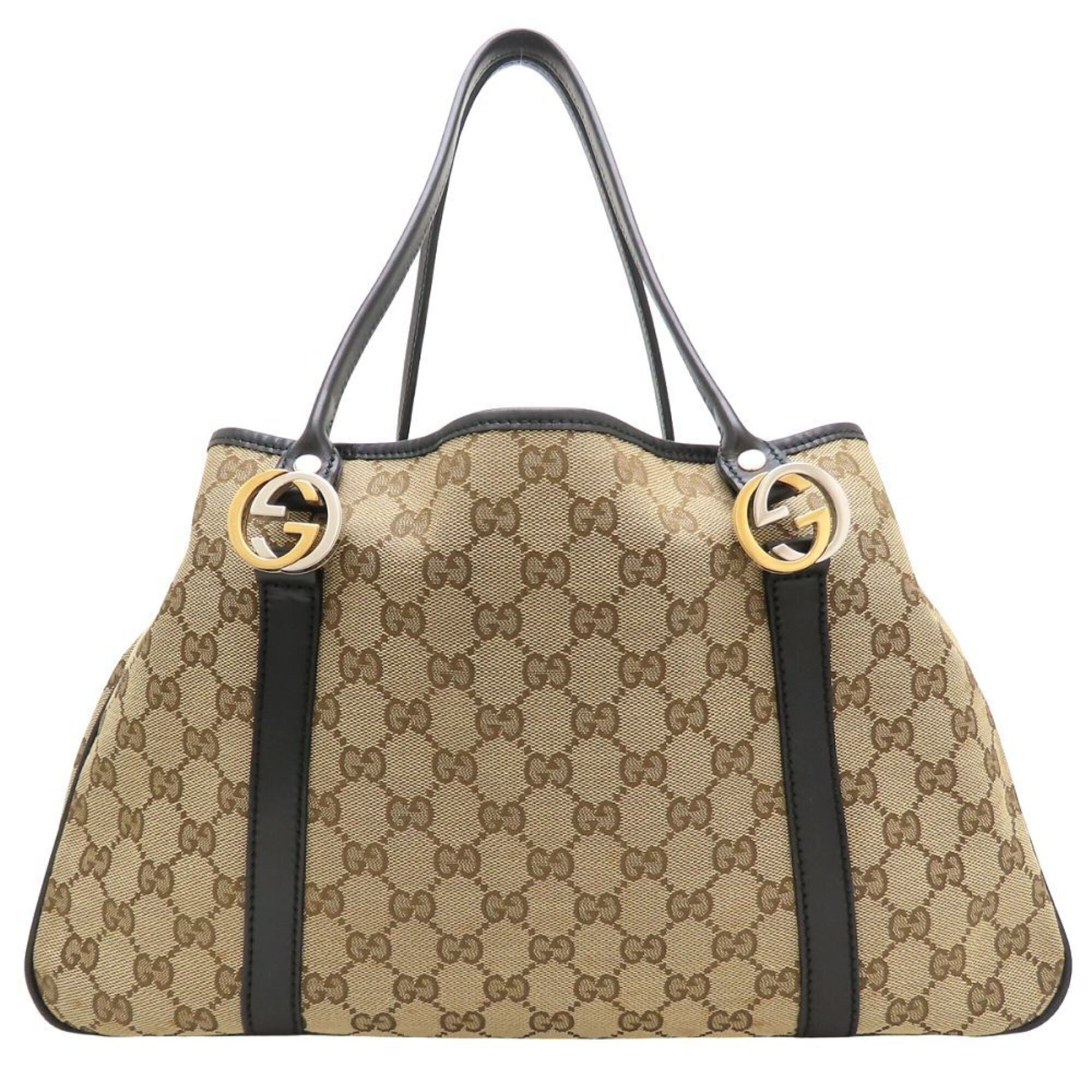 Gucci Beige Black Gg Canvas Leather Tote Bag (Pre-Owned)