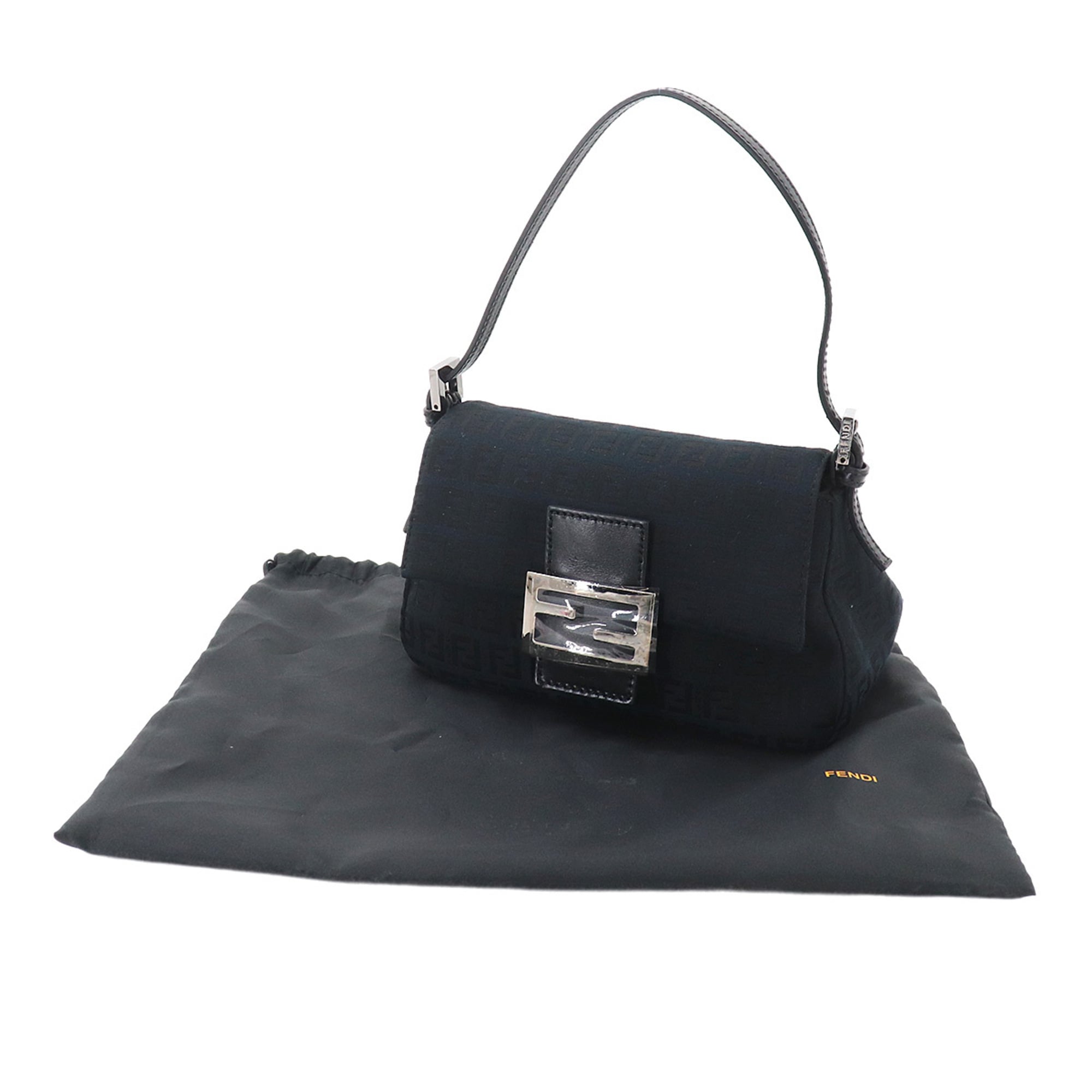 Fendi Zucchino Black Canvas Leather Baguette Bag Handbag Shoulder Bag (Pre-Owned)