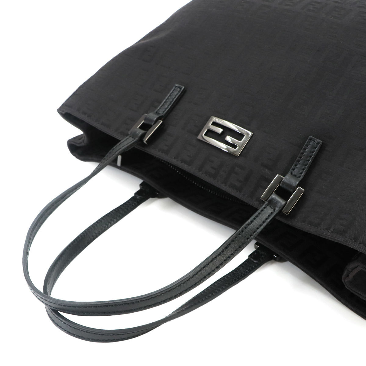 Fendi Zucchino Black Canvas Leather Handbag Tote Bag (Pre-Owned)