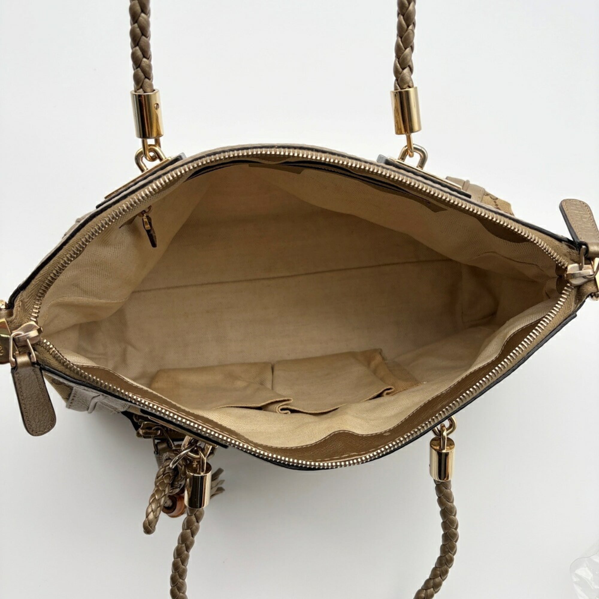 Gucci Gg Canvas Beige Gold Gg Canvas Leather Bamboo Shoulder Bag (Pre-Owned)