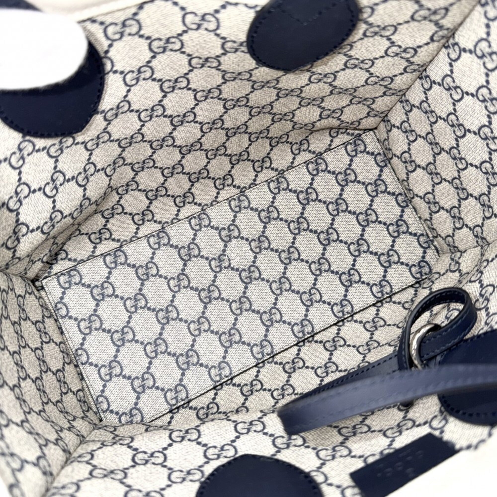 Gucci Beige Navy Cotton Canvas Leather Handbag Shoulder Bag (Pre-Owned)