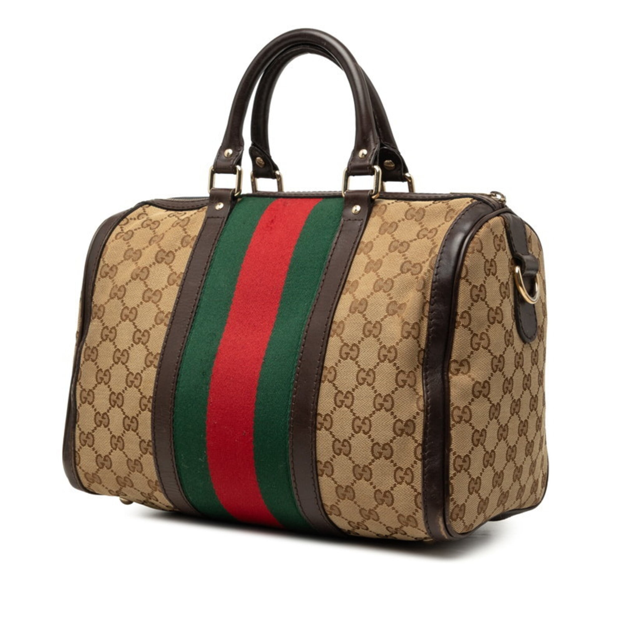 Gucci Beige Brown Canvas Leather Boston Bag Handbag Shoulder Bag (Pre-Owned)