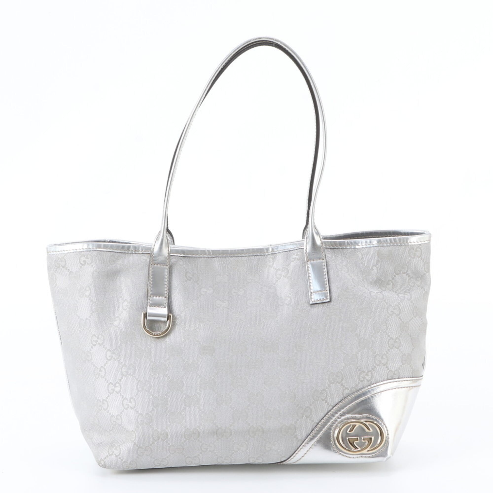 Gucci Silver Leather Canvas Handbag Shoulder Bag Tote Bag (Pre-Owned)