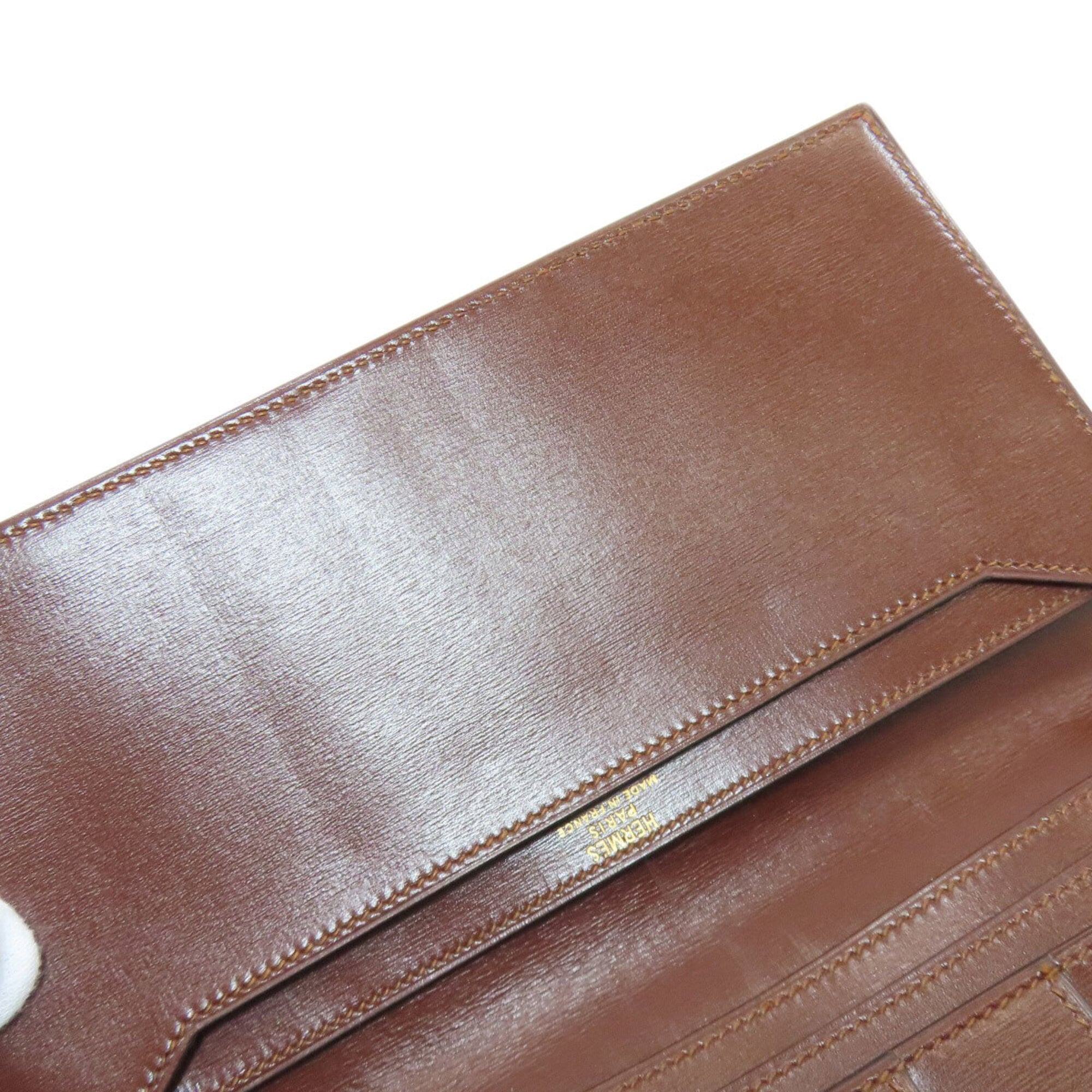 Hermes Brown Red Color Box Calf Leather Long Bill Wallet (Bi-Fold) (Pre-Owned)