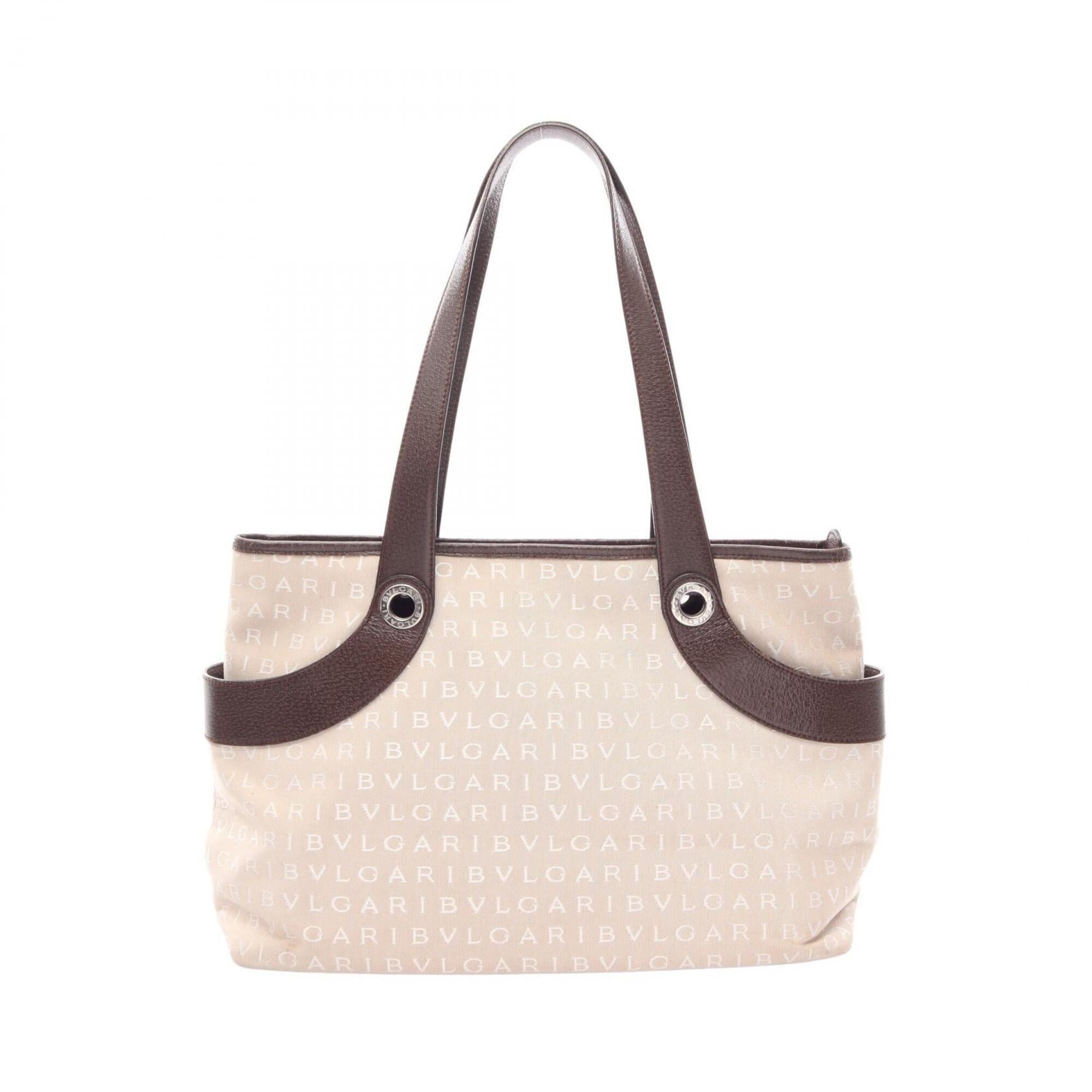 Bvlgari Beige Brown Canvas Leather Handbag Tote Bag (Pre-Owned)