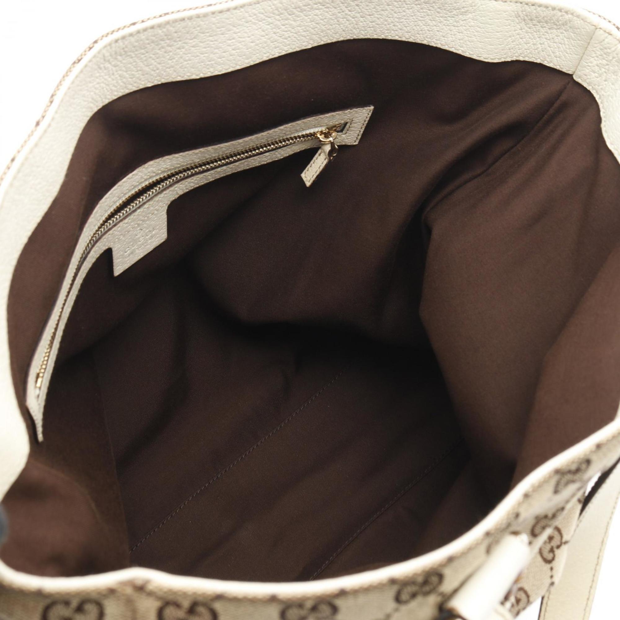 Gucci Beige White Canvas Leather Tote Bag (Pre-Owned)