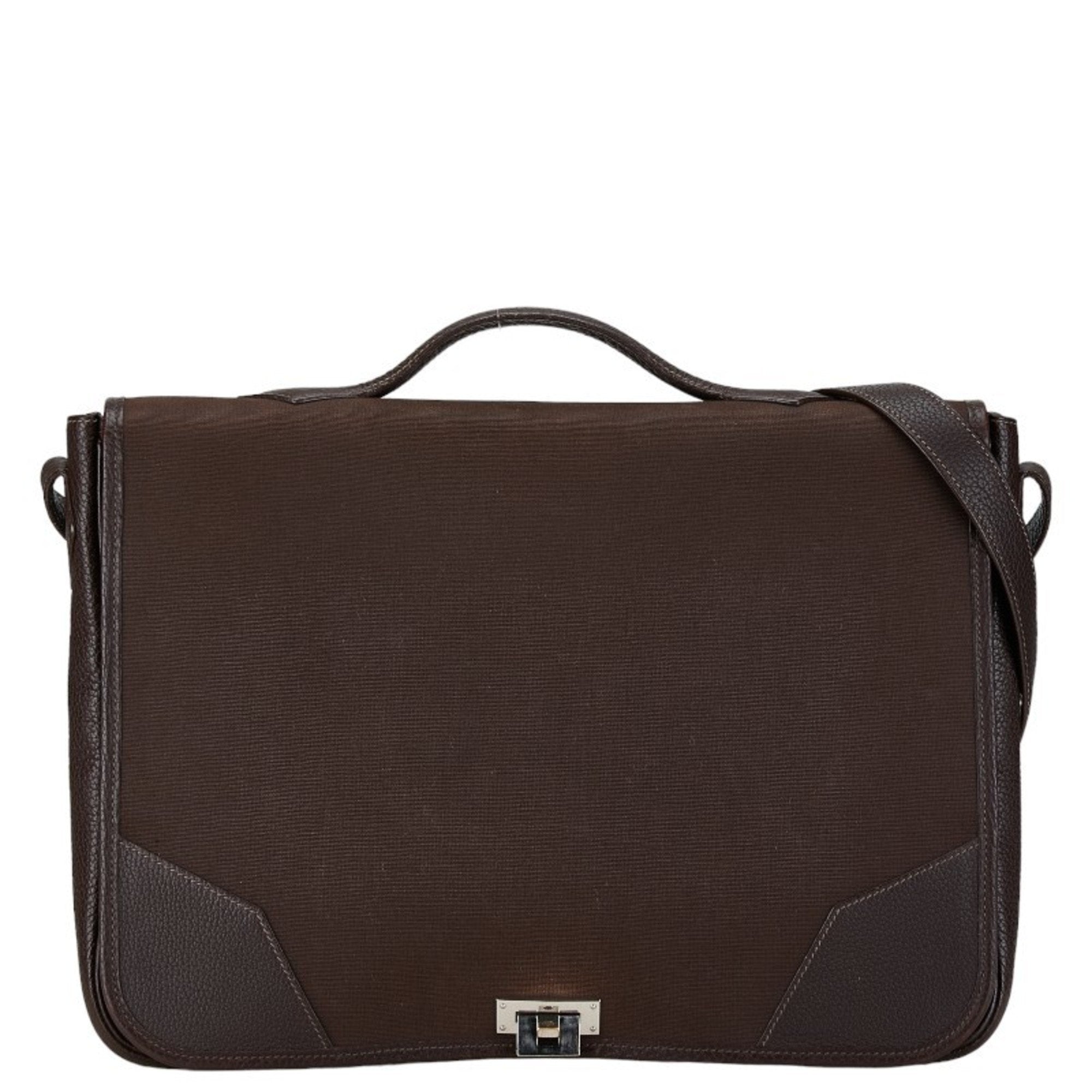 Hermes Brown Canvas Leather Handbag Shoulder Bag (Pre-Owned)