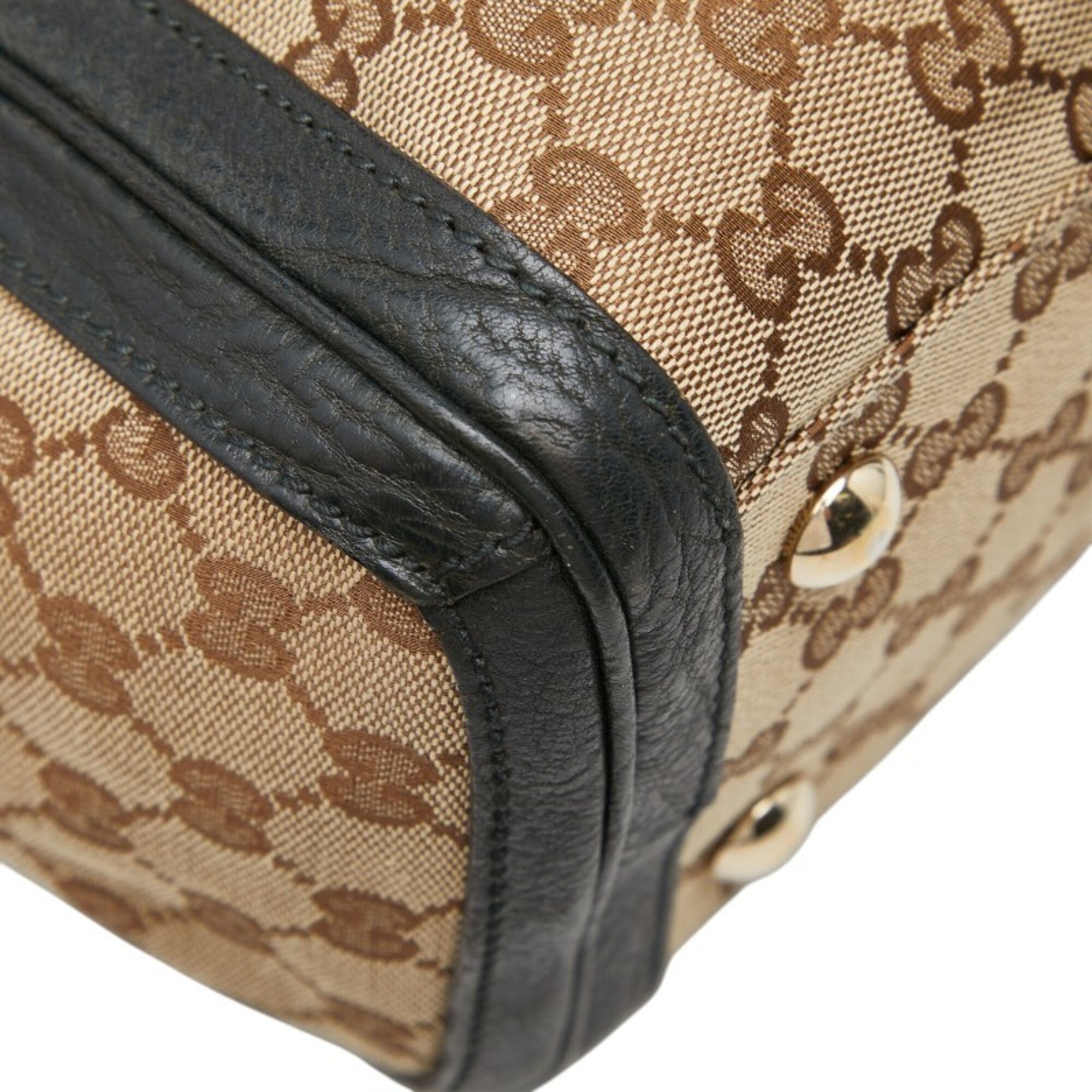 Gucci Beige Black Green Canvas Leather Shoulder Bag Tote Bag (Pre-Owned)