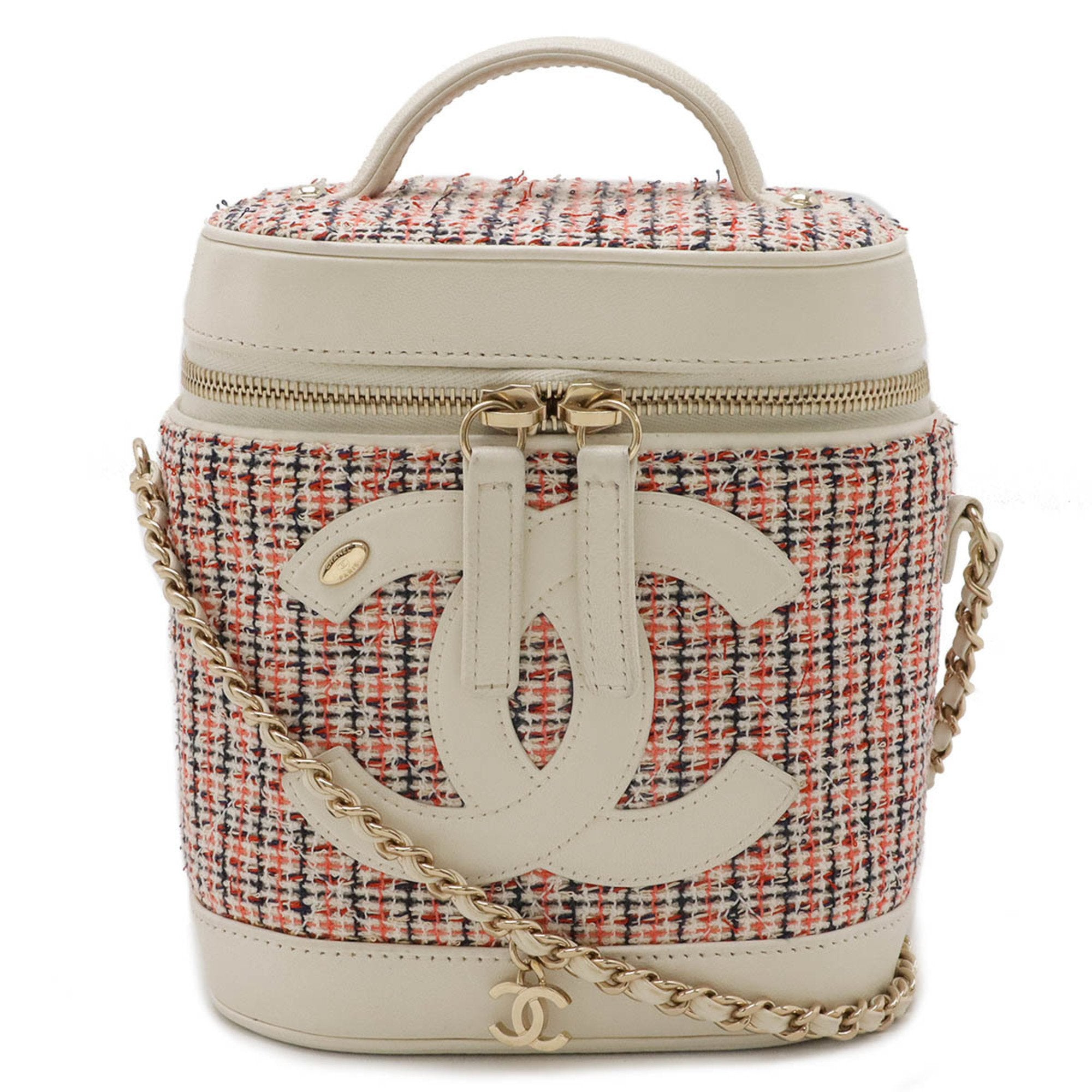 Chanel Navy Orange Red Color White Tweed Leather Handbag Vanity Bag (Pre-Owned)
