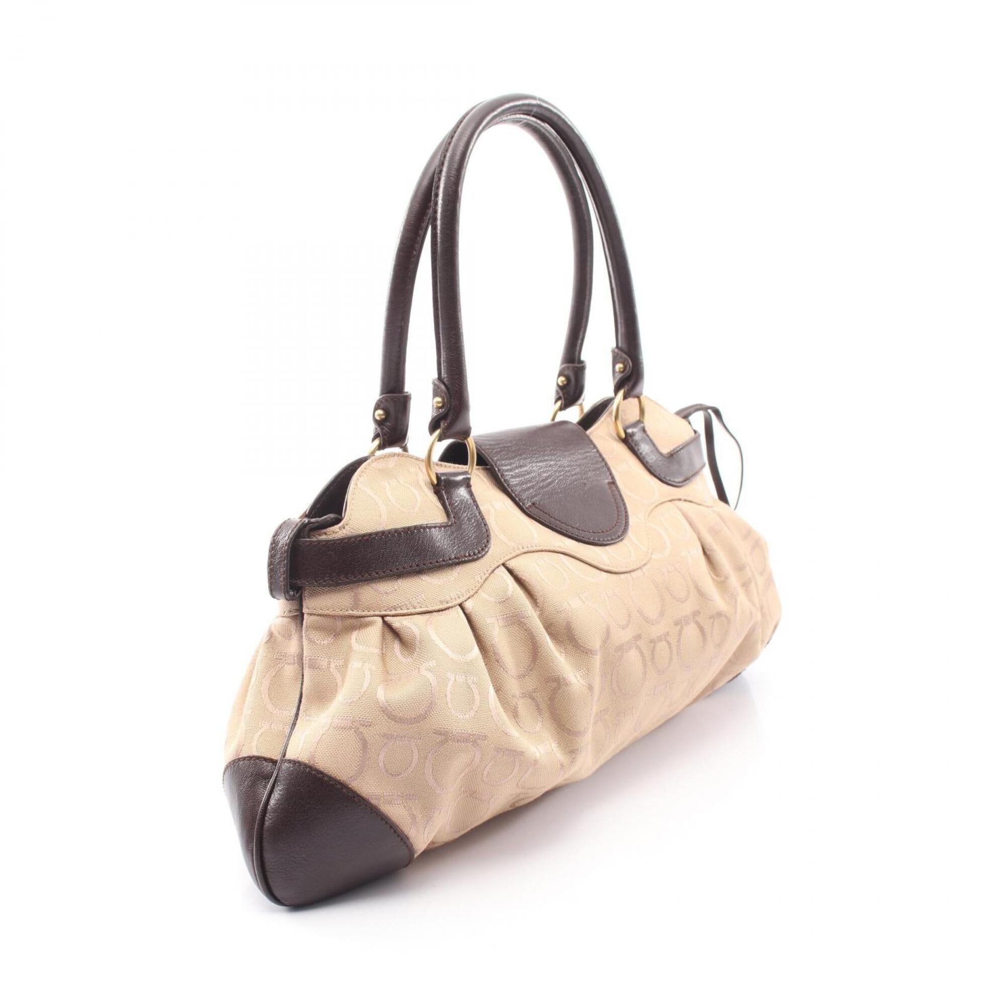 Salvatore Ferragamo Beige Brown Canvas Leather Handbag Shoulder Bag (Pre-Owned)
