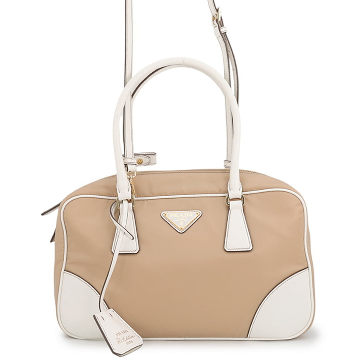 Prada Beige White Nylon Leather Handbag Shoulder Bag (Pre-Owned)