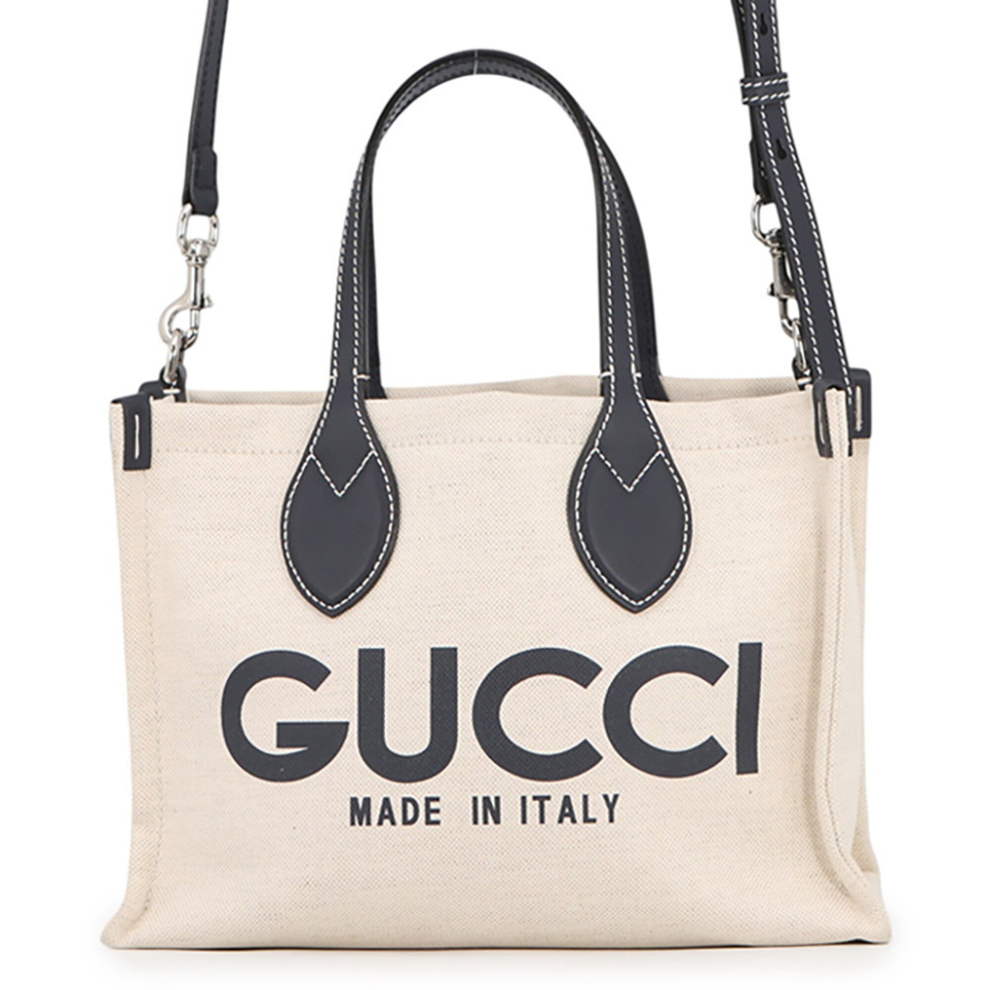 Gucci Beige Navy Canvas Leather Handbag Shoulder Bag (Pre-Owned)