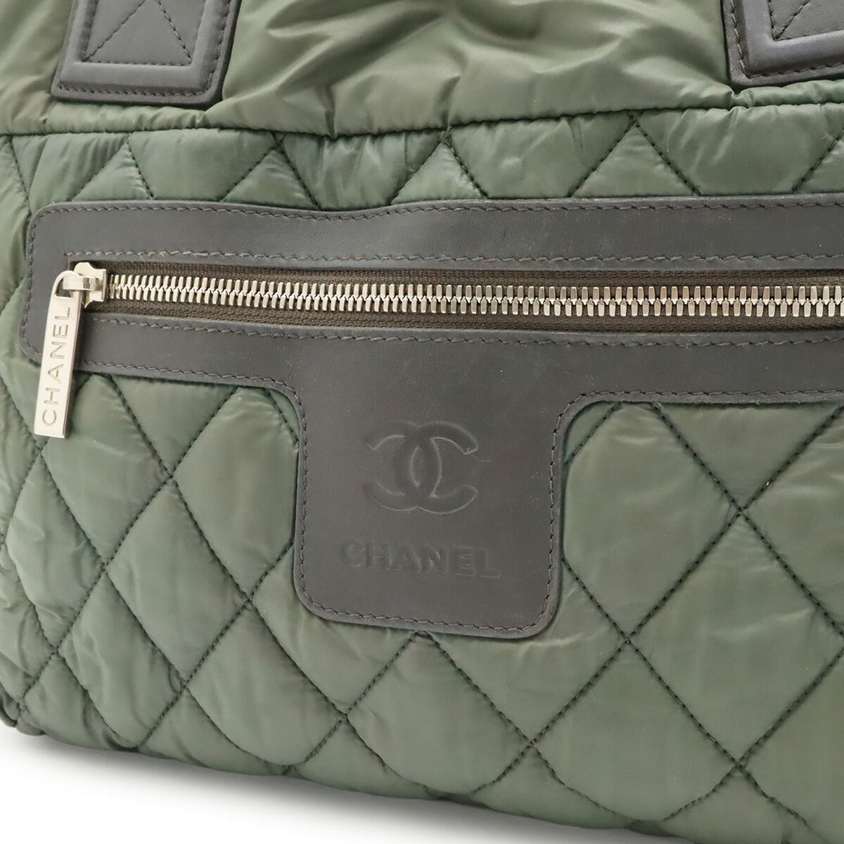 Chanel Green Khaki Nylon Leather Handbag Tote Bag (Pre-Owned)