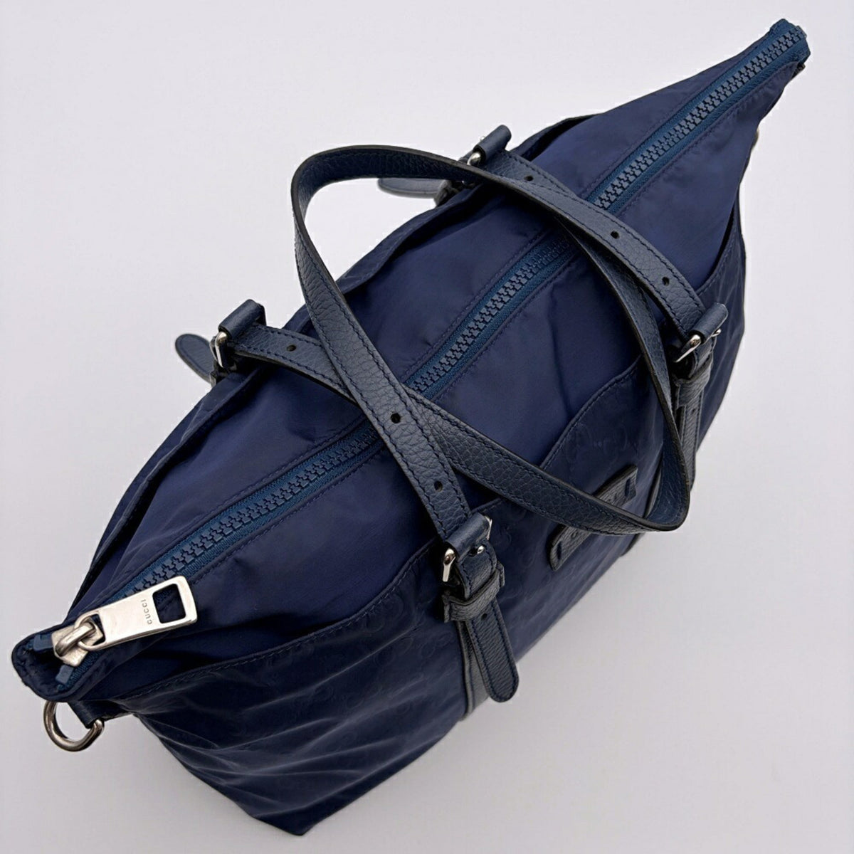Gucci Navy Nylon Leather Tote Bag (Pre-Owned)