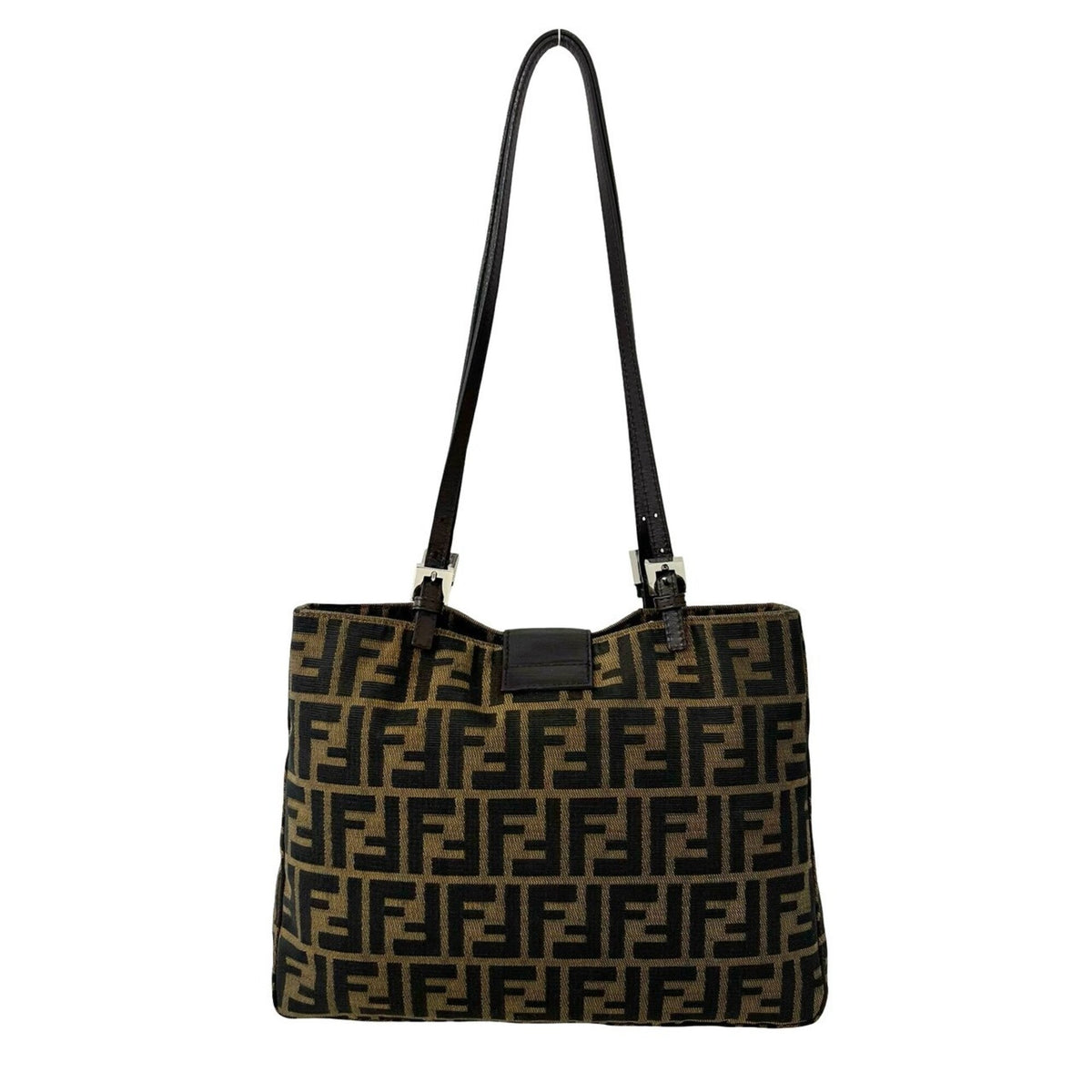 Fendi Black Brown Canvas Leather Handbag Shoulder Bag Tote Bag (Pre-Owned)