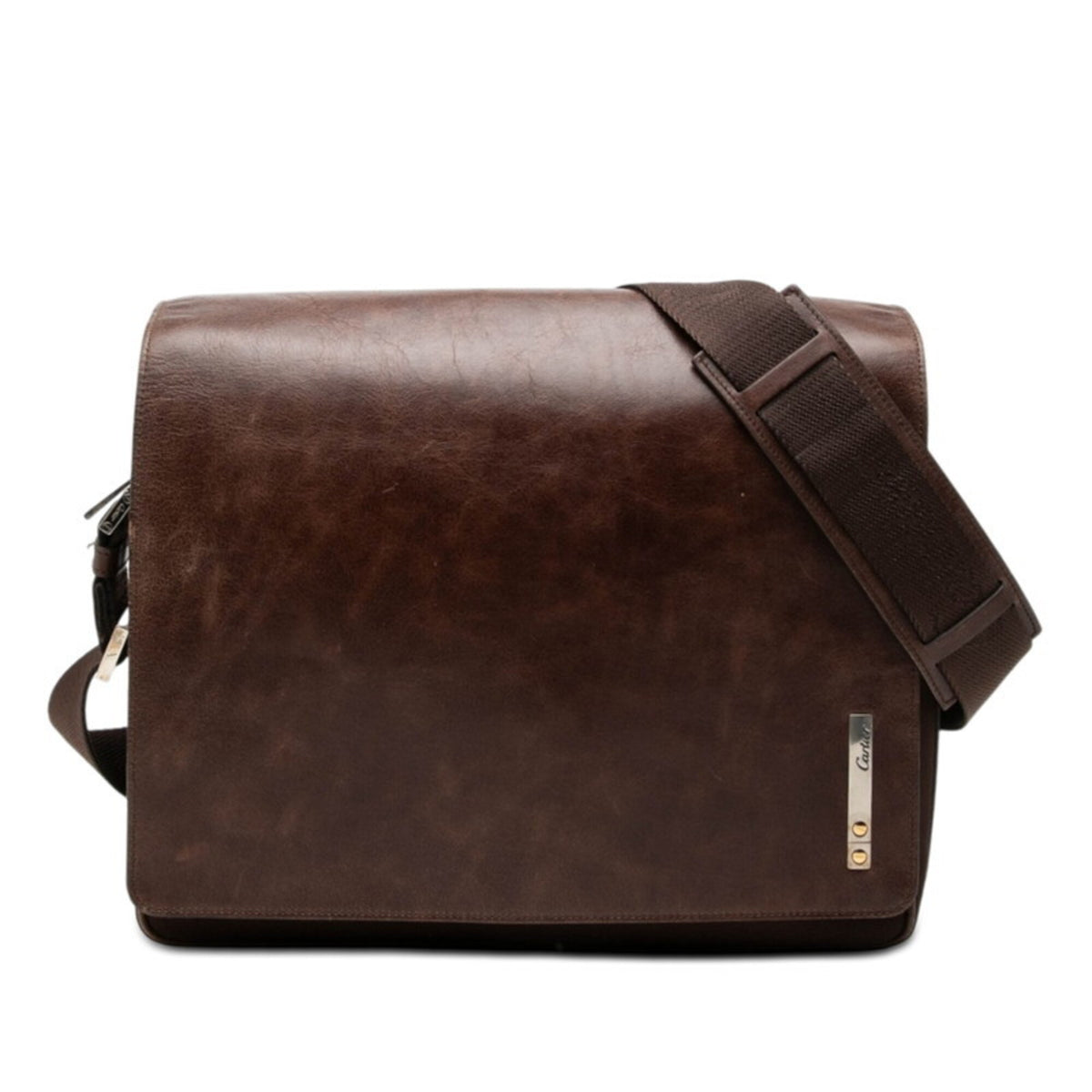 Cartier Brown Leather Messenger Bag Shoulder Bag (Pre-Owned)