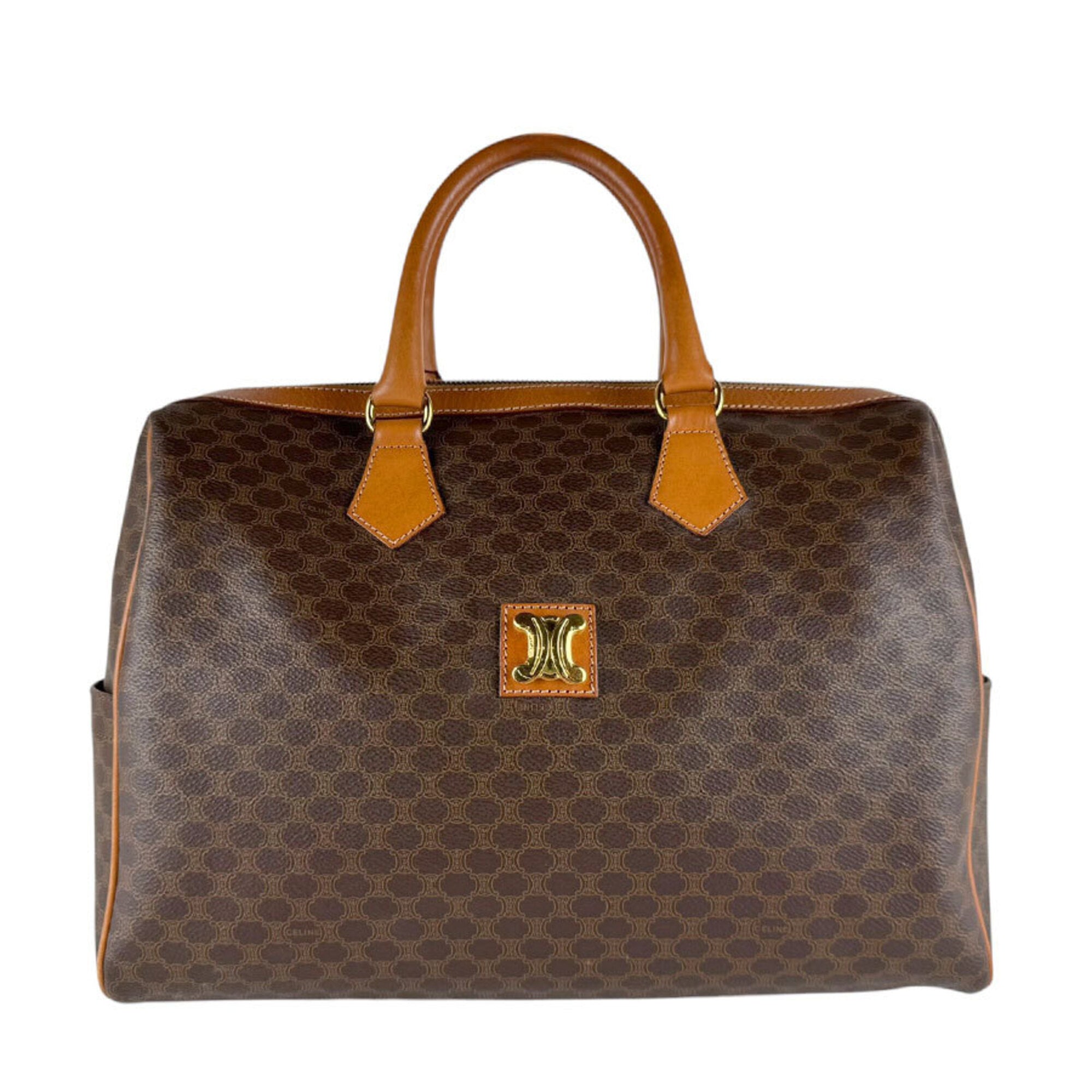 Celine Brown Coated Canvas Leather Boston Bag Handbag (Pre-Owned)