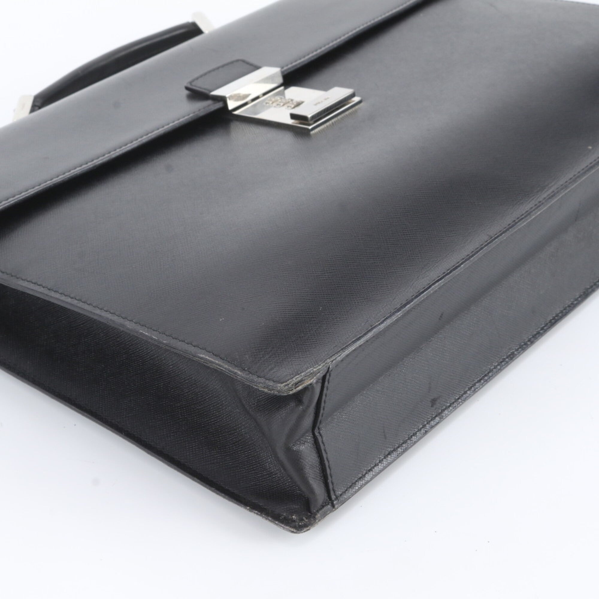 Prada Saffiano Black Leather Briefcase Tote Bag (Pre-Owned)