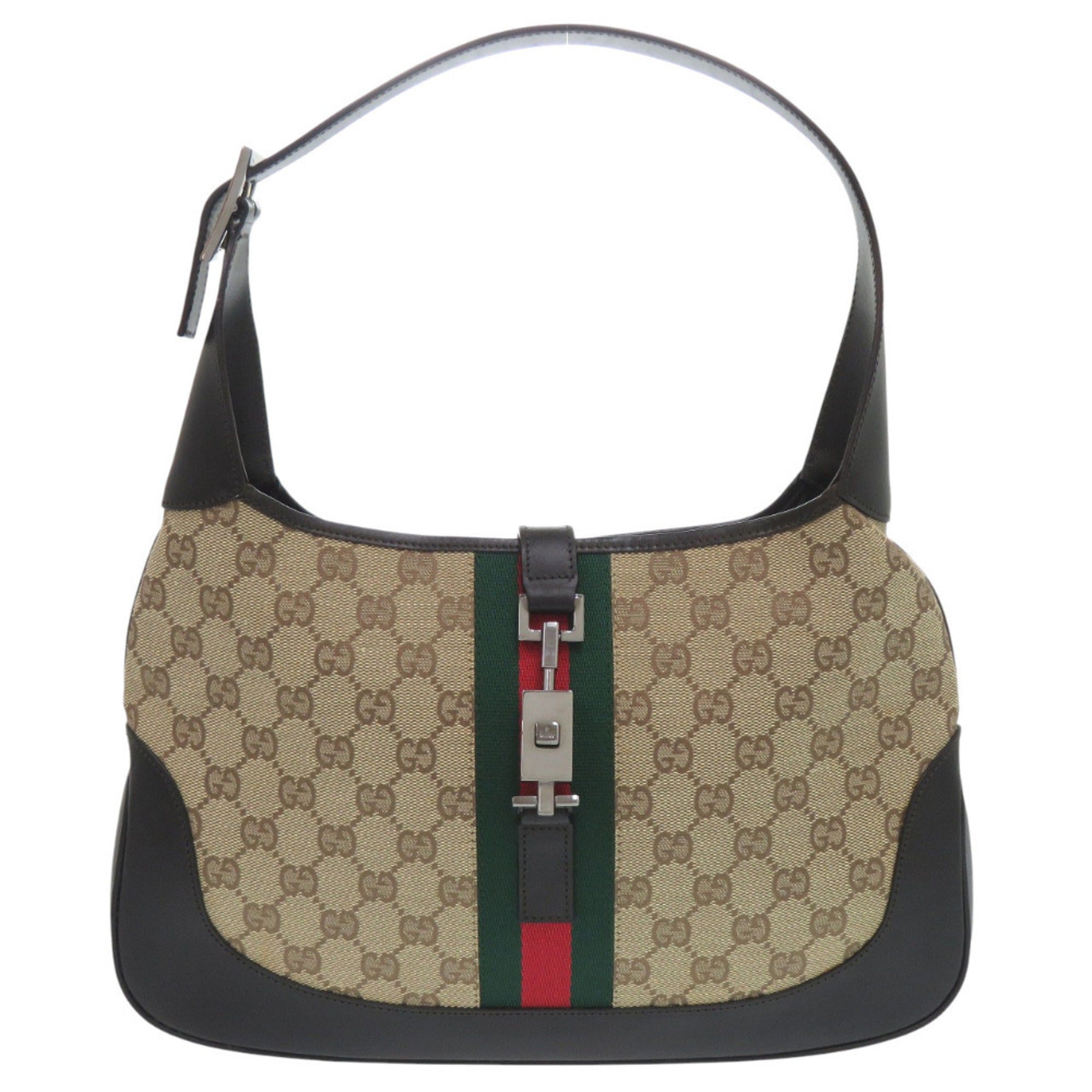 Gucci Beige Black Brown Gg Canvas Leather Shoulder Bag (Pre-Owned)