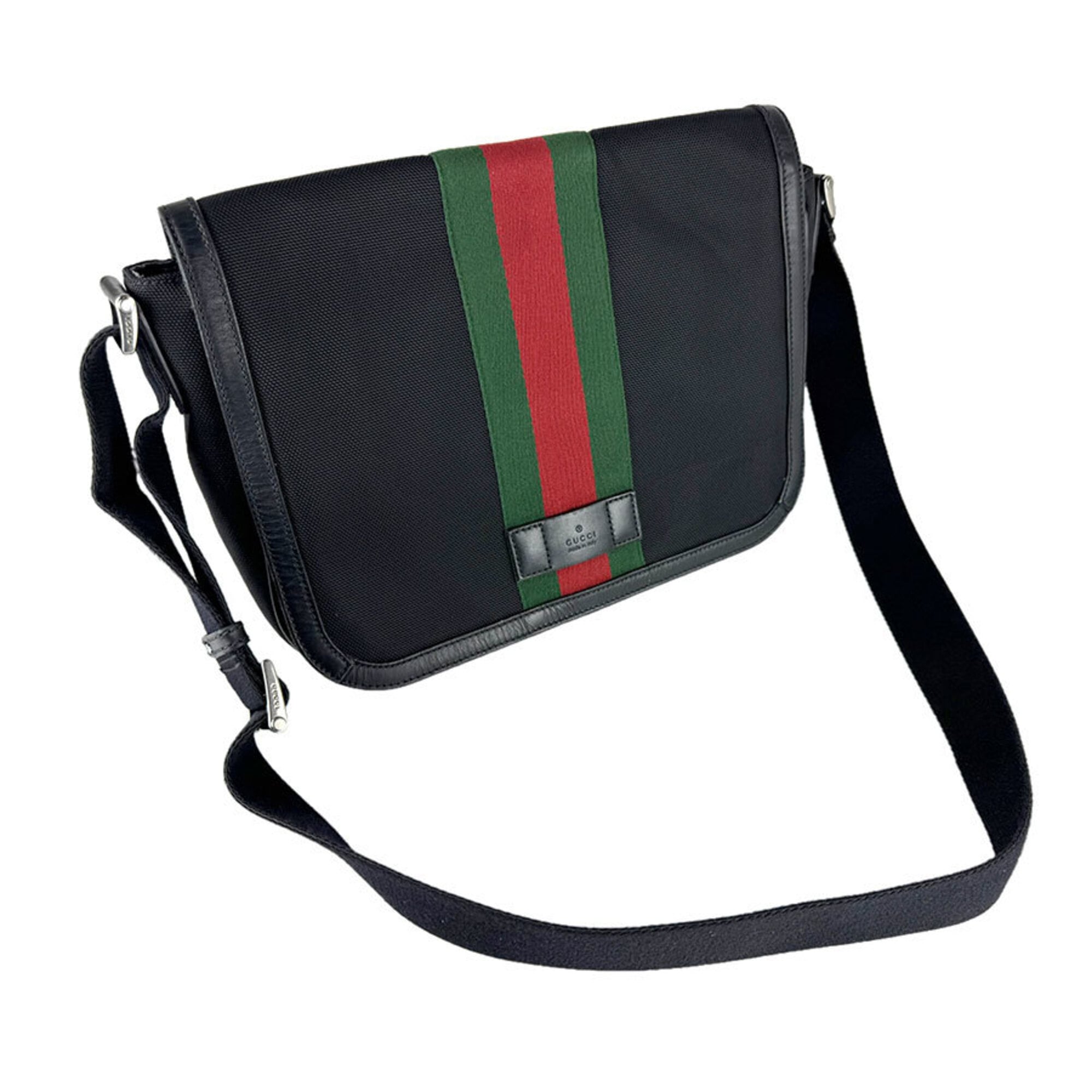 Gucci Black Green Red Color Canvas Messenger Bag Shoulder Bag (Pre-Owned)