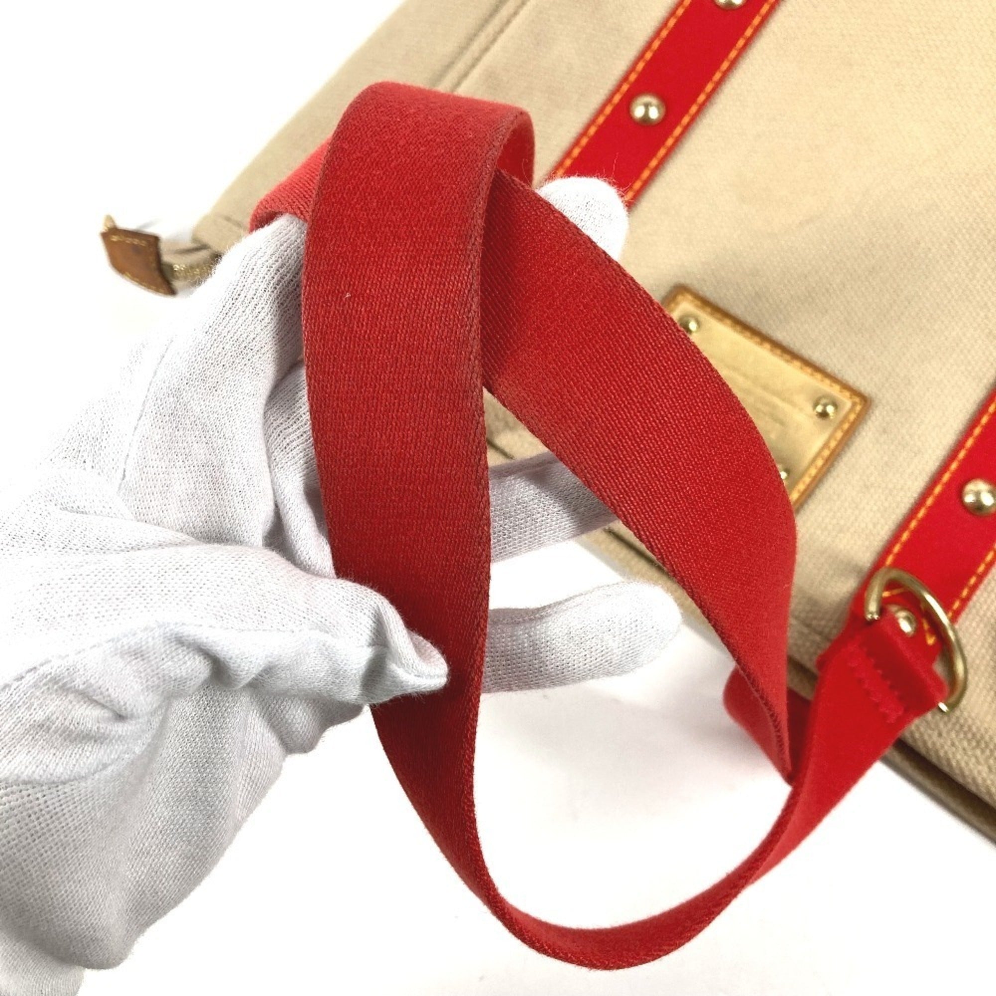 Louis Vuitton Beige Red Color Canvas Shoulder Bag Tote Bag (Pre-Owned)